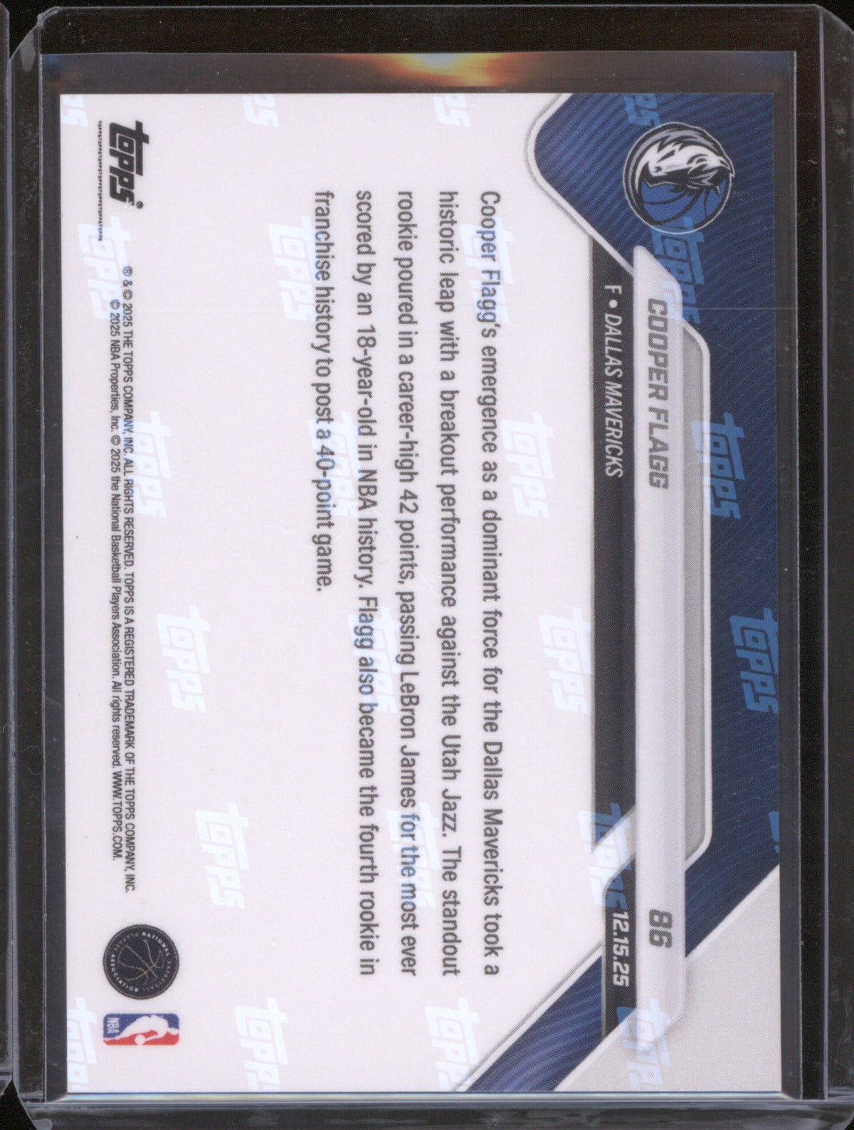2025-26 Topps Now NBA 86 Cooper Flagg Youngest to 40+ Points