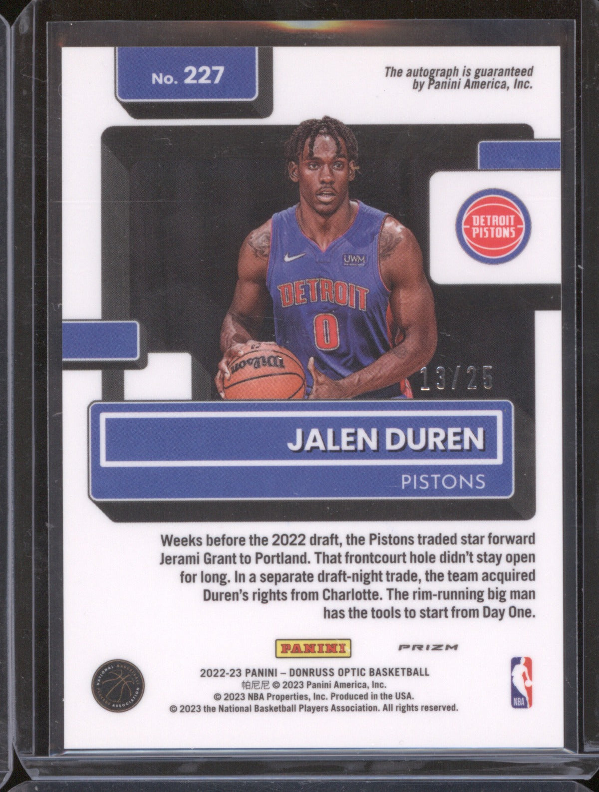2022-23 Donruss Optic 227 Jalen Duren Rated Rookie Auto Black Pandora /25