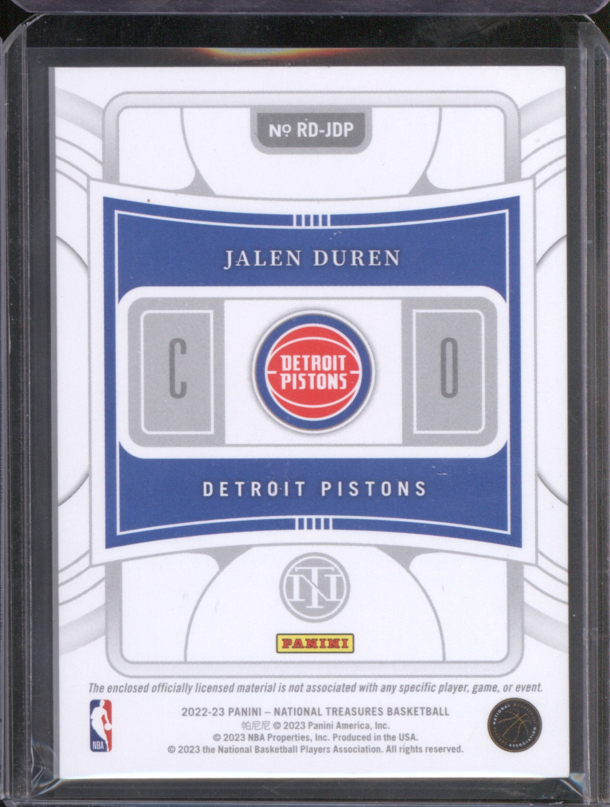 2022-23 Panini National Treasures RD-JDP Jalen Duren Rookie Dual Patch /99