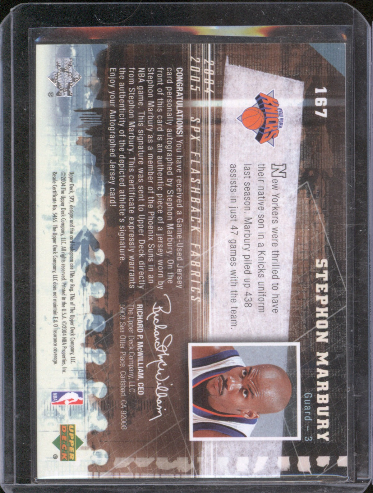 2003-04 Upper Deck SPX 167 Stephon Marbury Flashback Fabrics Jersey On Card Auto