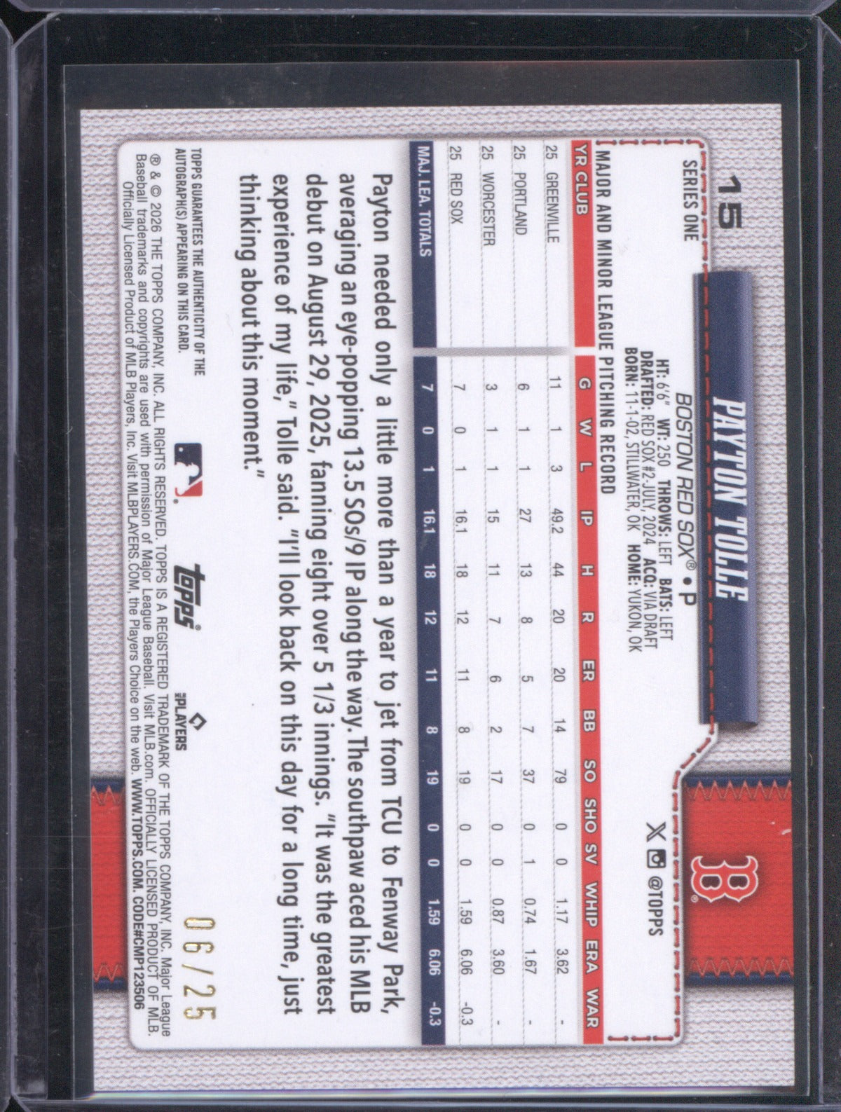 Payton Tolle 2026 Topps Series 1 #15 Orange Rookie Auto /25