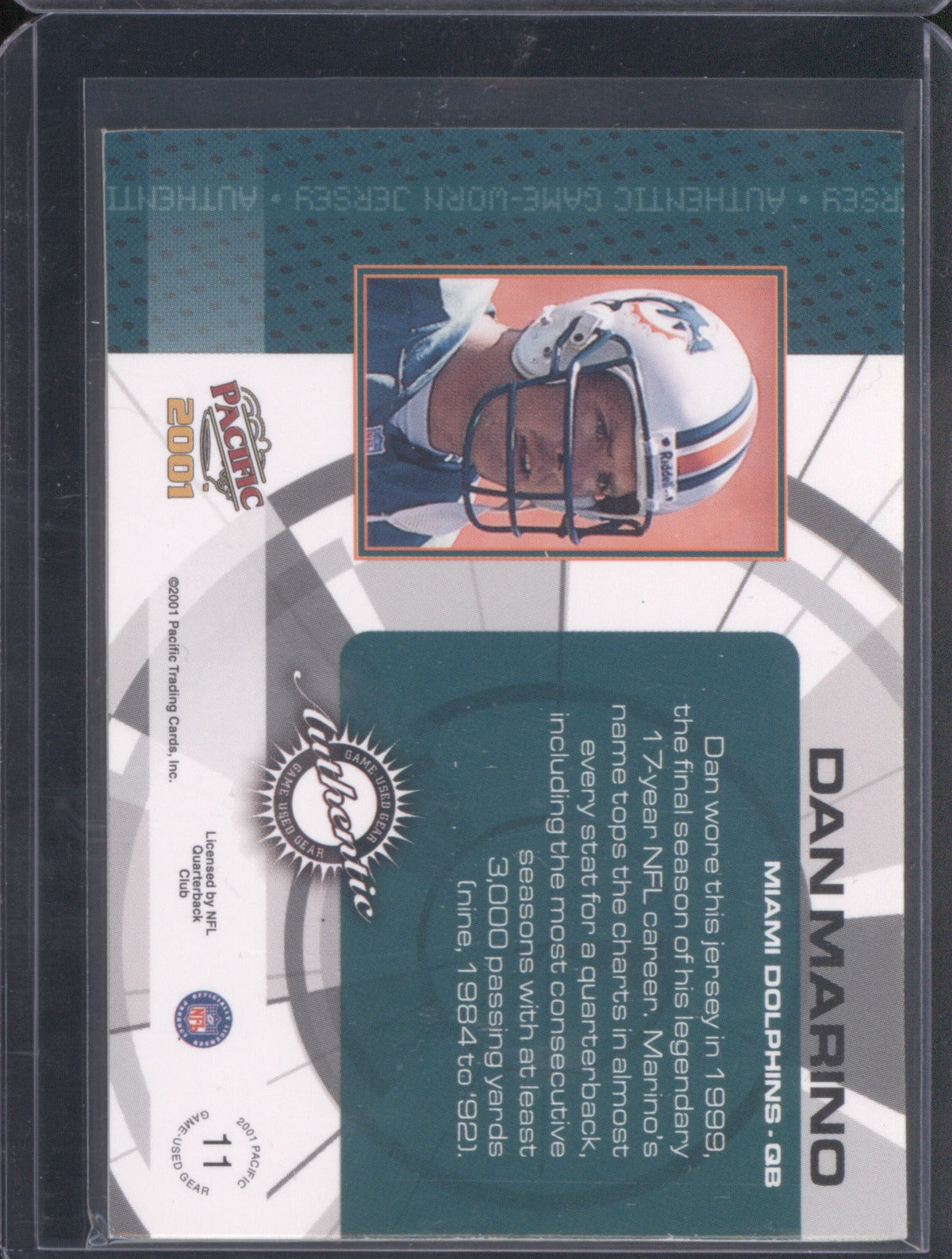 Dan Marino 2001 Pacific Game #11 Game Worn Jersey /99