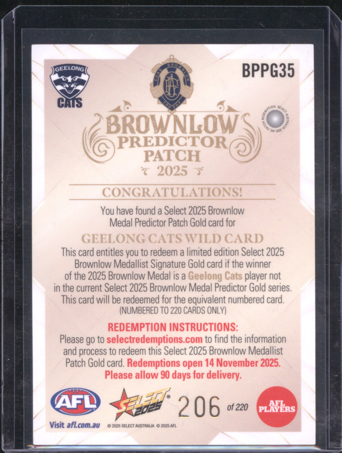 Geelong Brownlow Wild Card Predictor 2025 AFL Select Footy Stars BPPG35 /220