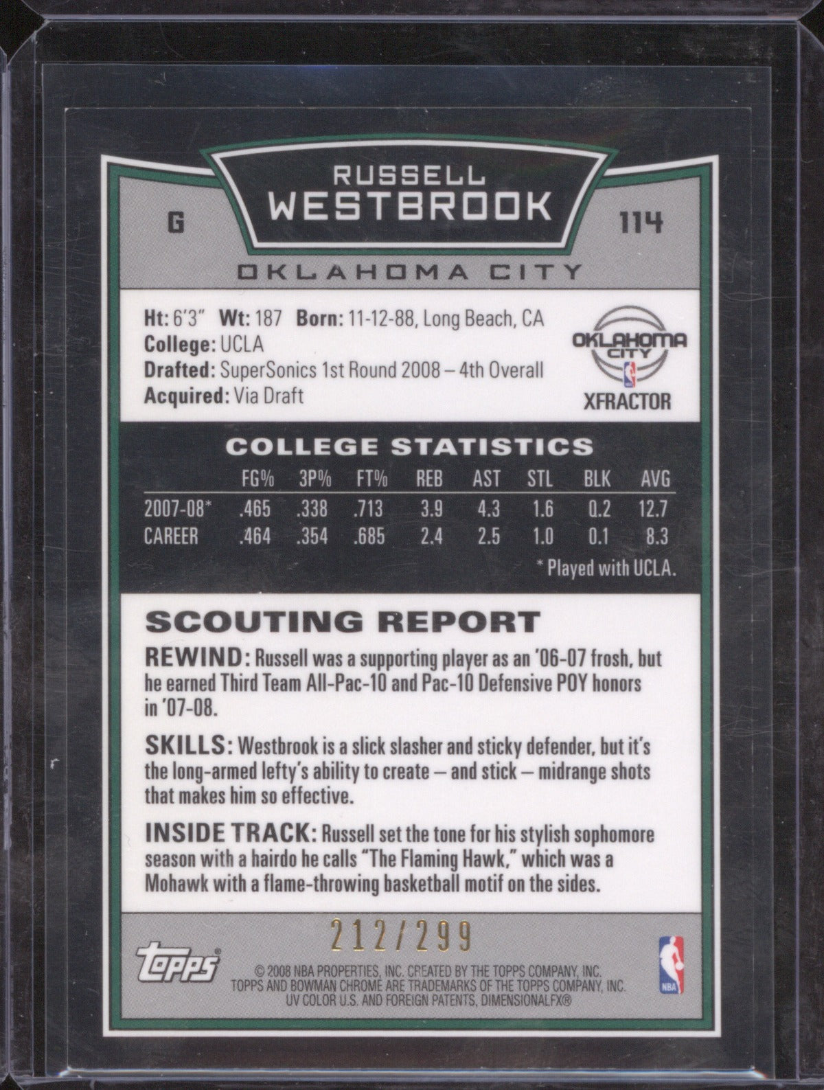 2008 Topps Chrome Bowmen Russel Westbrook Rookie /299