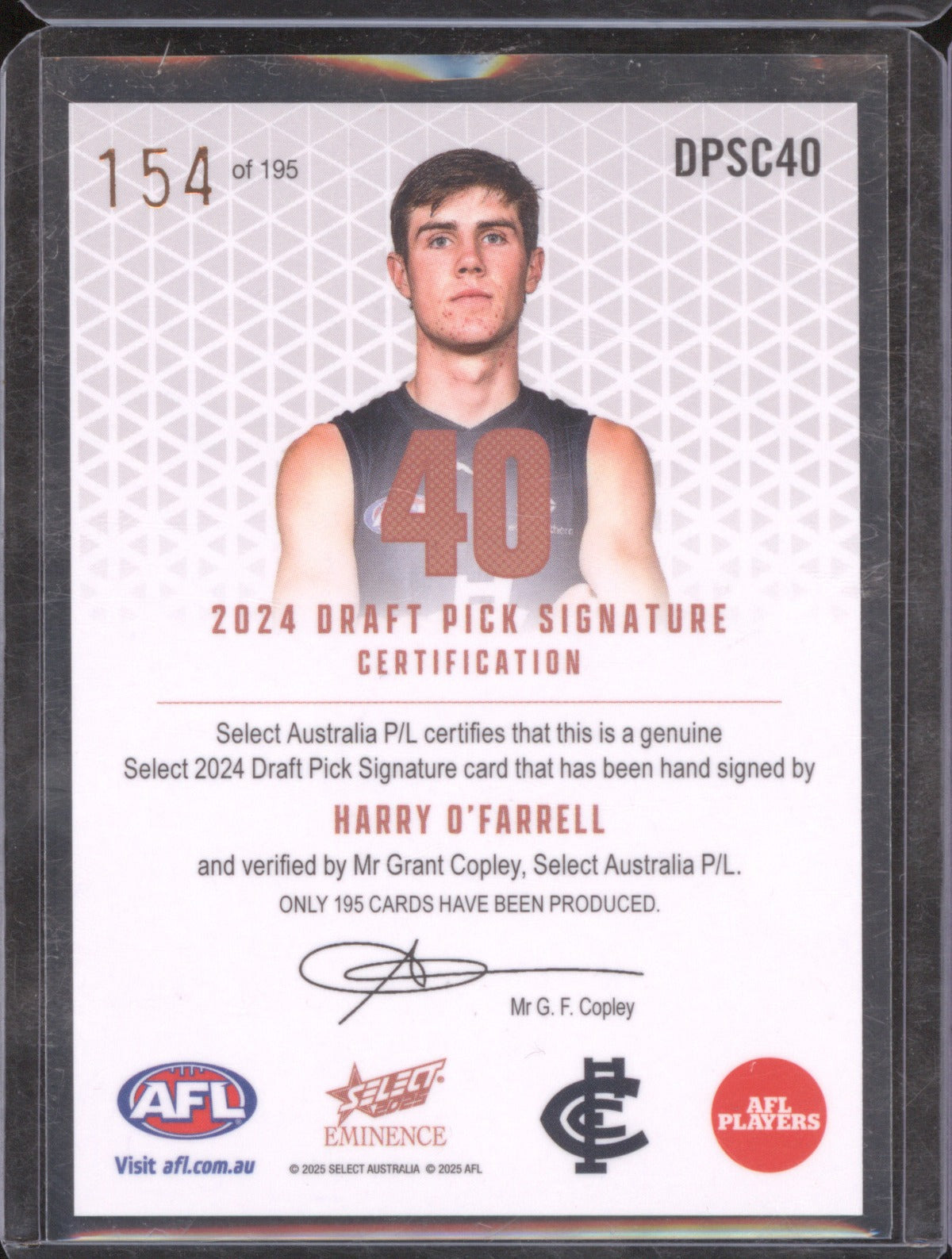 2025 Select Eminence AFL 2024 Draft Pick Signature DPSC40 Harry O'Farrell /195