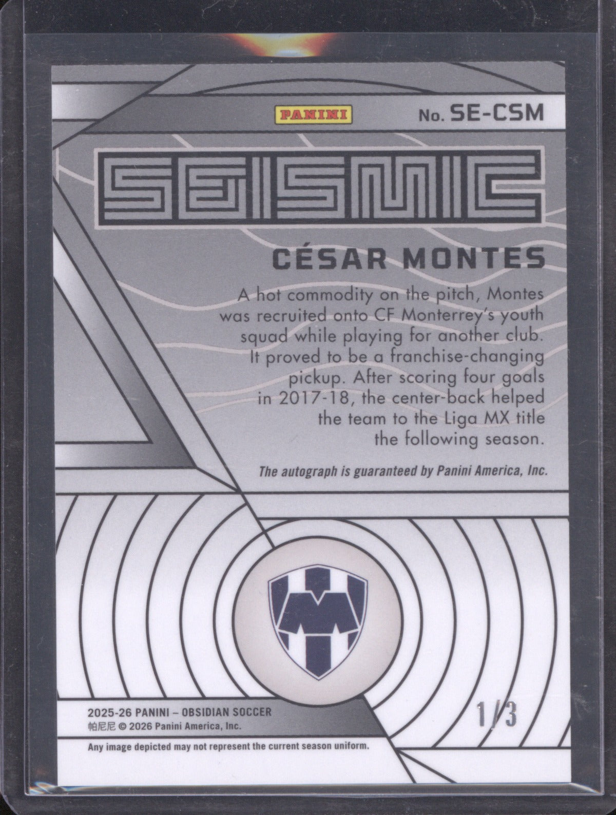 2025-26 Cesar Montes Panini Obsidian #SE-CSM Seismic Gold Auto 1/3