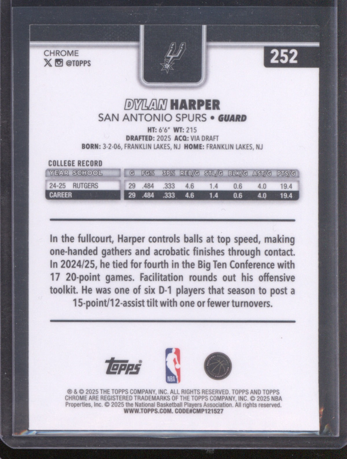 Dylan Harper 2025-26 Topps Chrome #252 Aqua Basketball Refractor 107/199