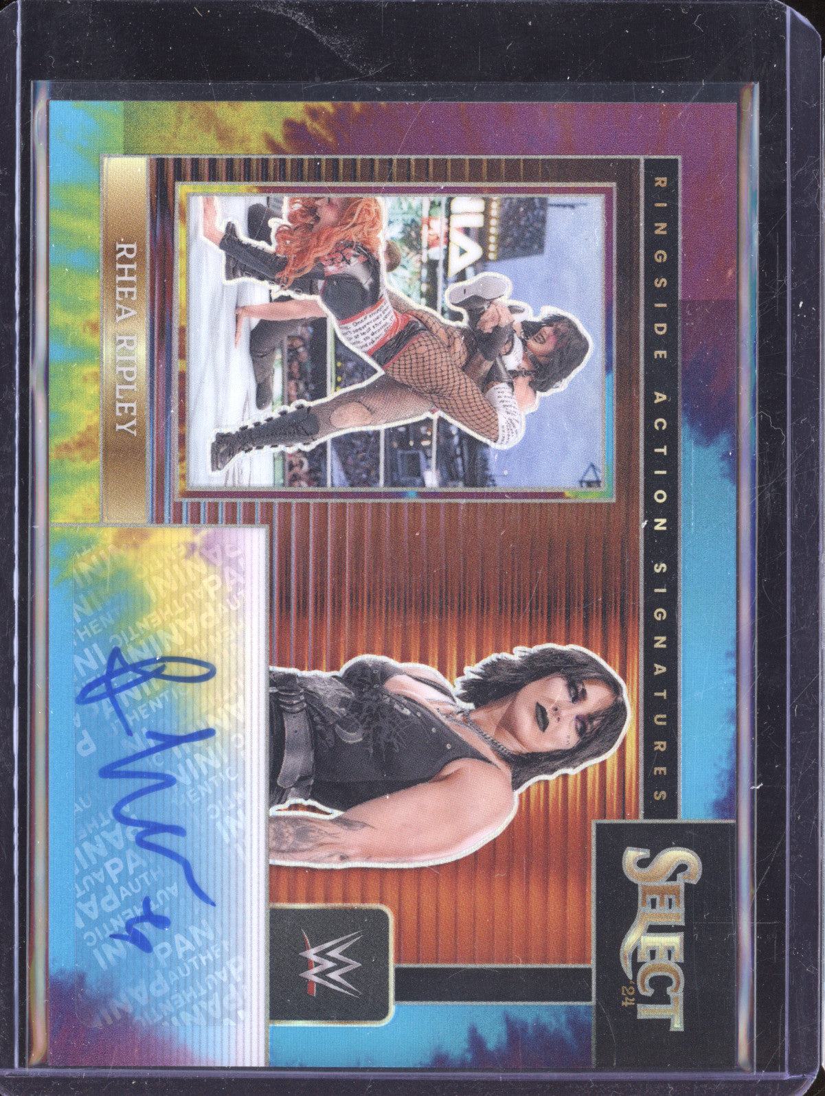 Rhea Ripley 2024 Panini Select RA-RRP Ringside Action Signature Tie-Dye 16/25