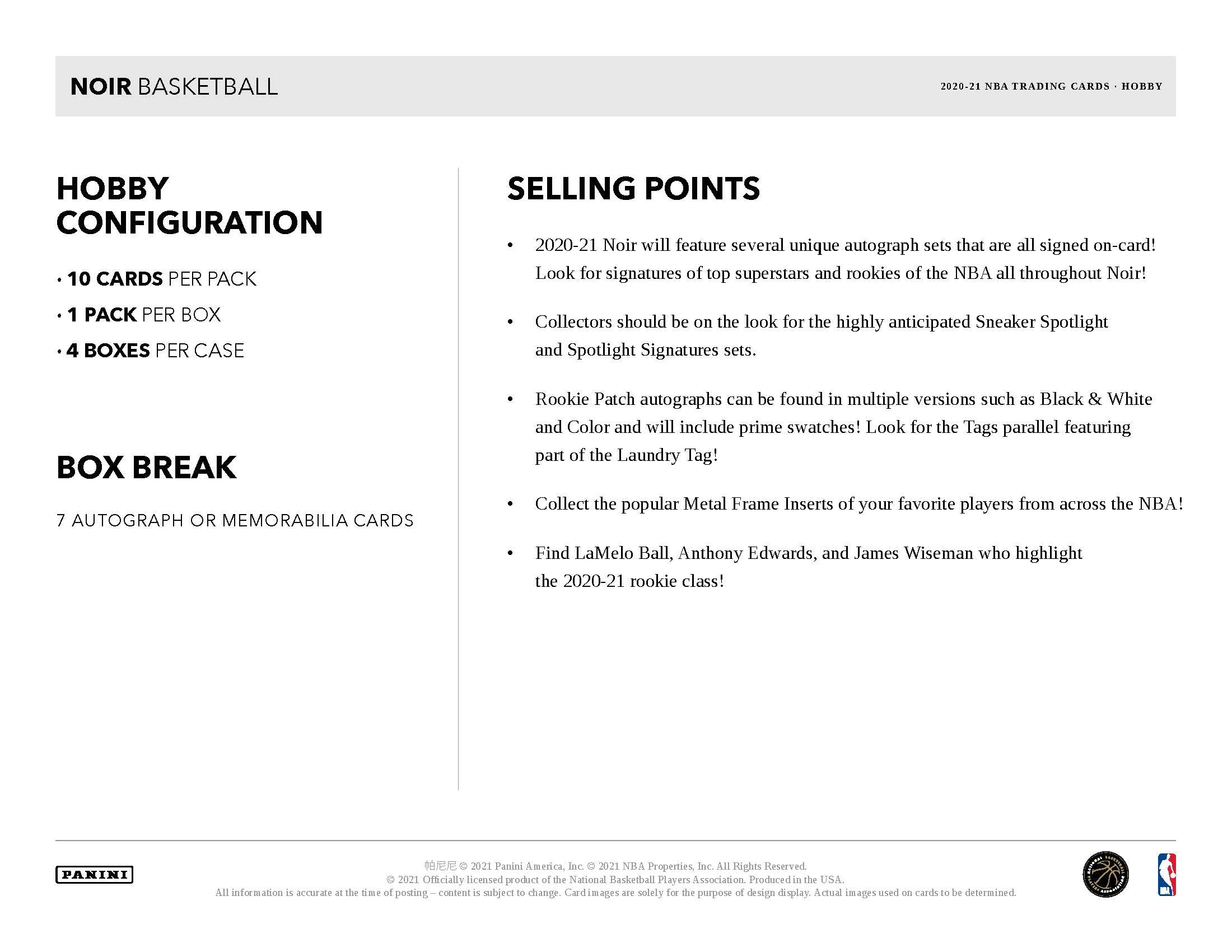 2020-21 Panini Noir Basketball Hobby Box