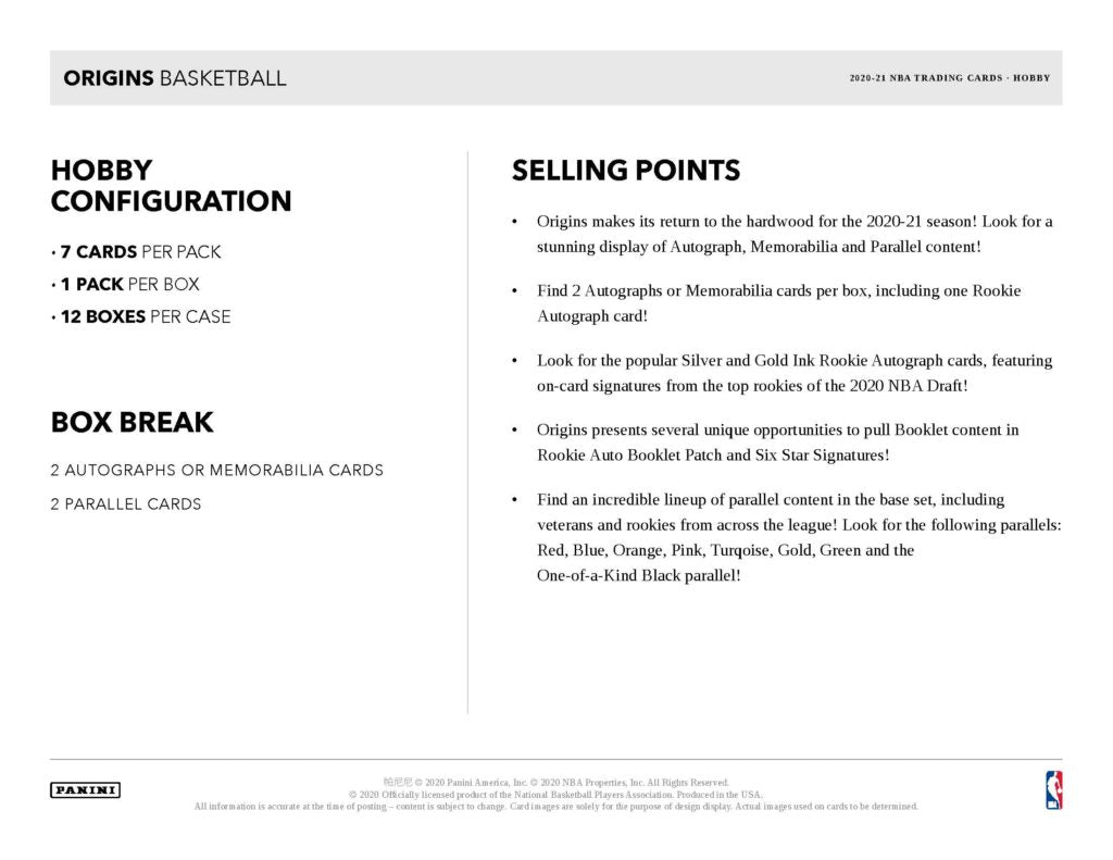 2020/21 Panini Origins Basketball Hobby Box