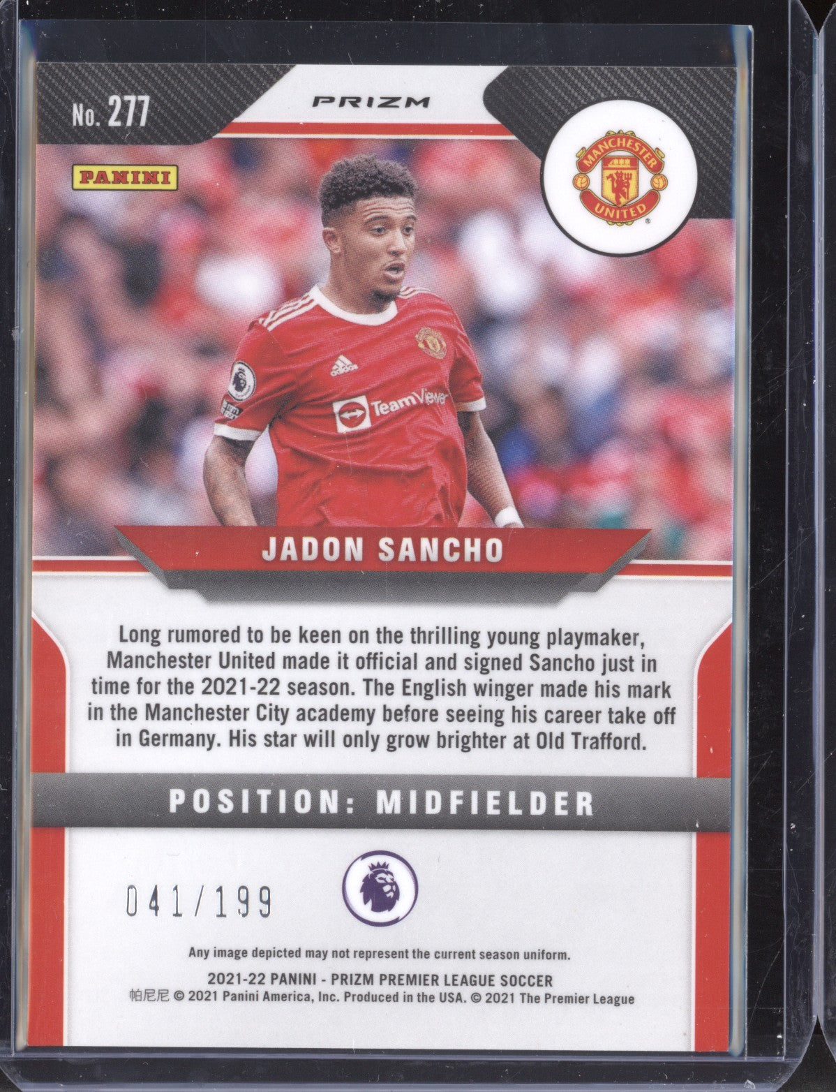 Jadon Sancho 2021-22 Panini Prizm Premier League Red Prizm 41/199
