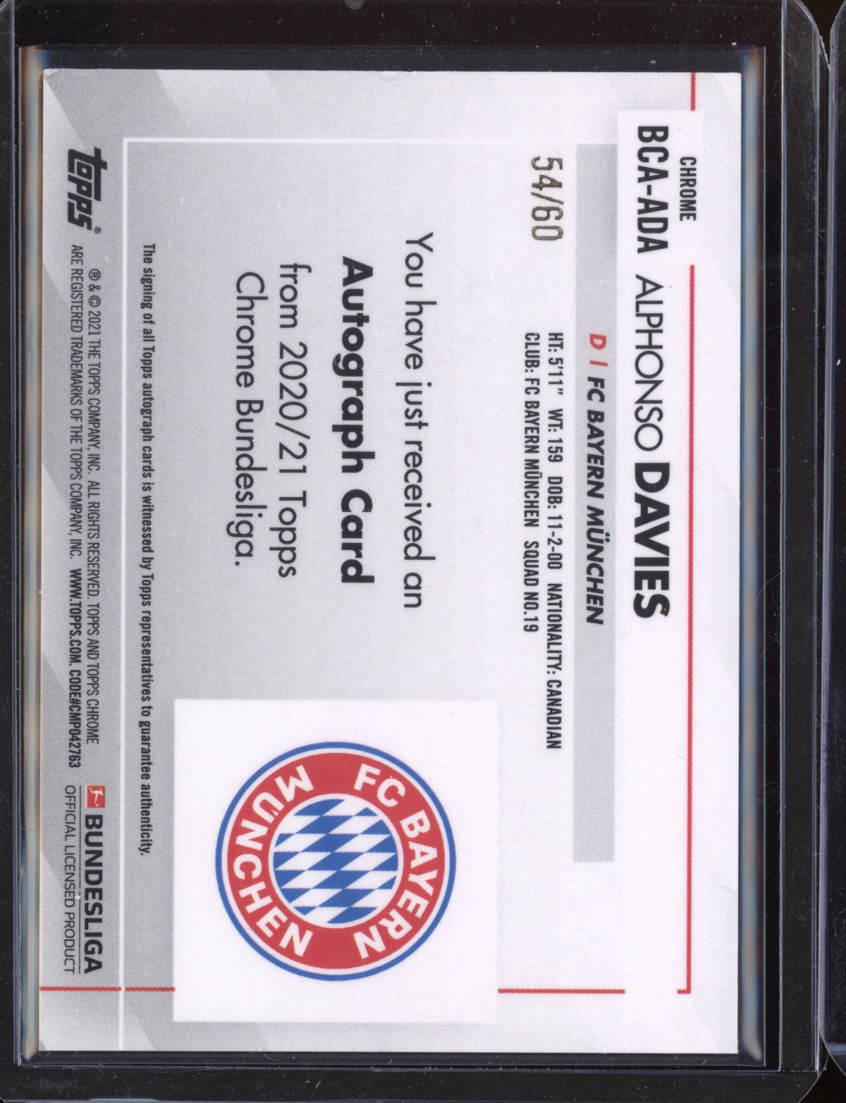 Alphonso Davies 2020-21 Topps Chrome Bundesliga Gold Chrome Autograph 54/60