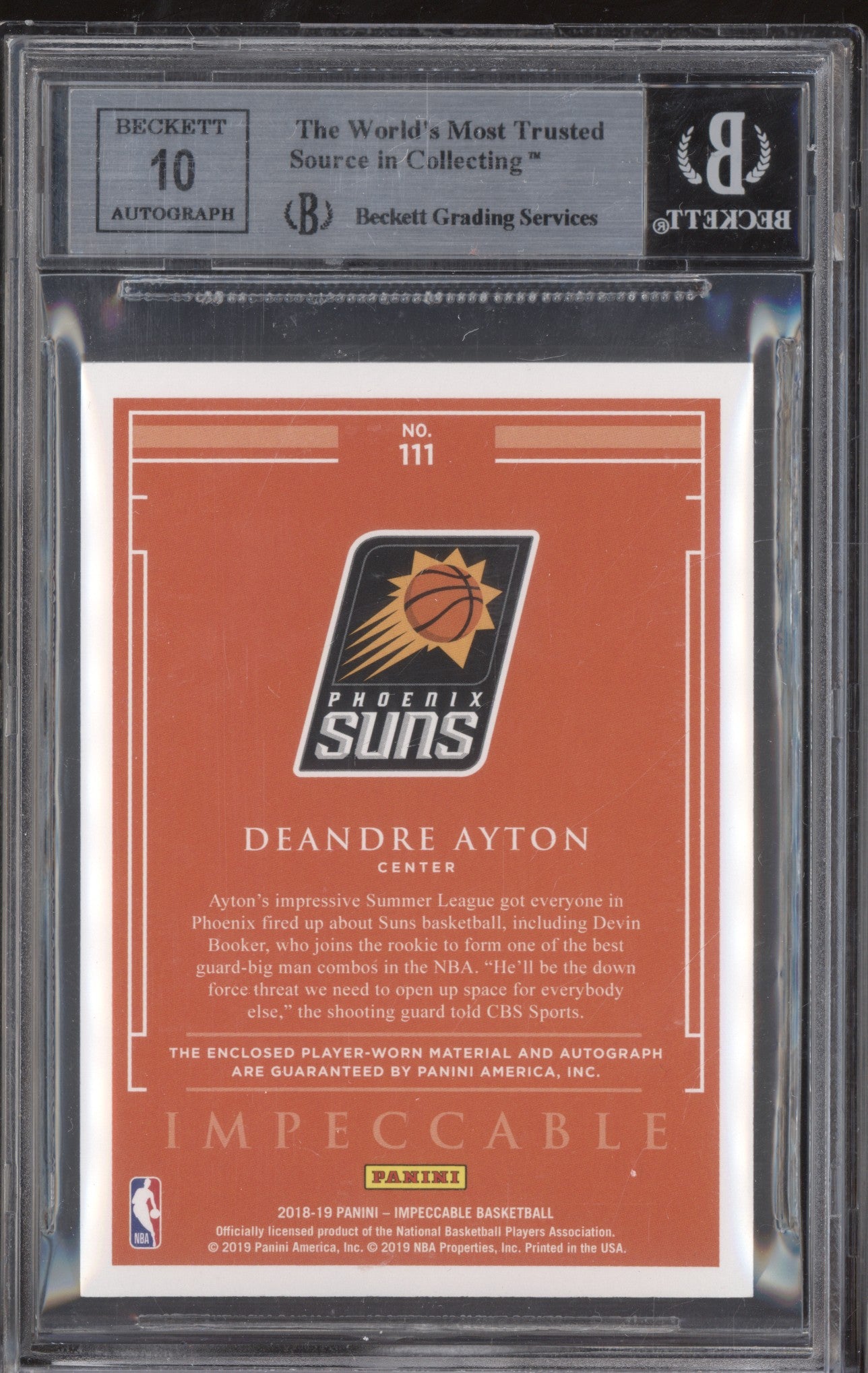 DeAndre Ayton 2018-19 Panini Impeccable Rookie Jersey Auto RC 93/99 BGS 8.5/10
