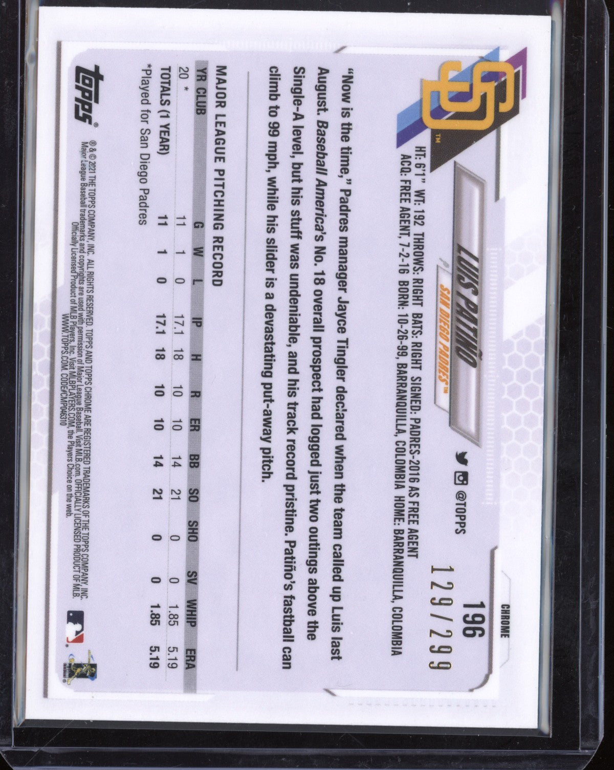 Luis Patino 2021 Topps Chrome Purple RC 129/299