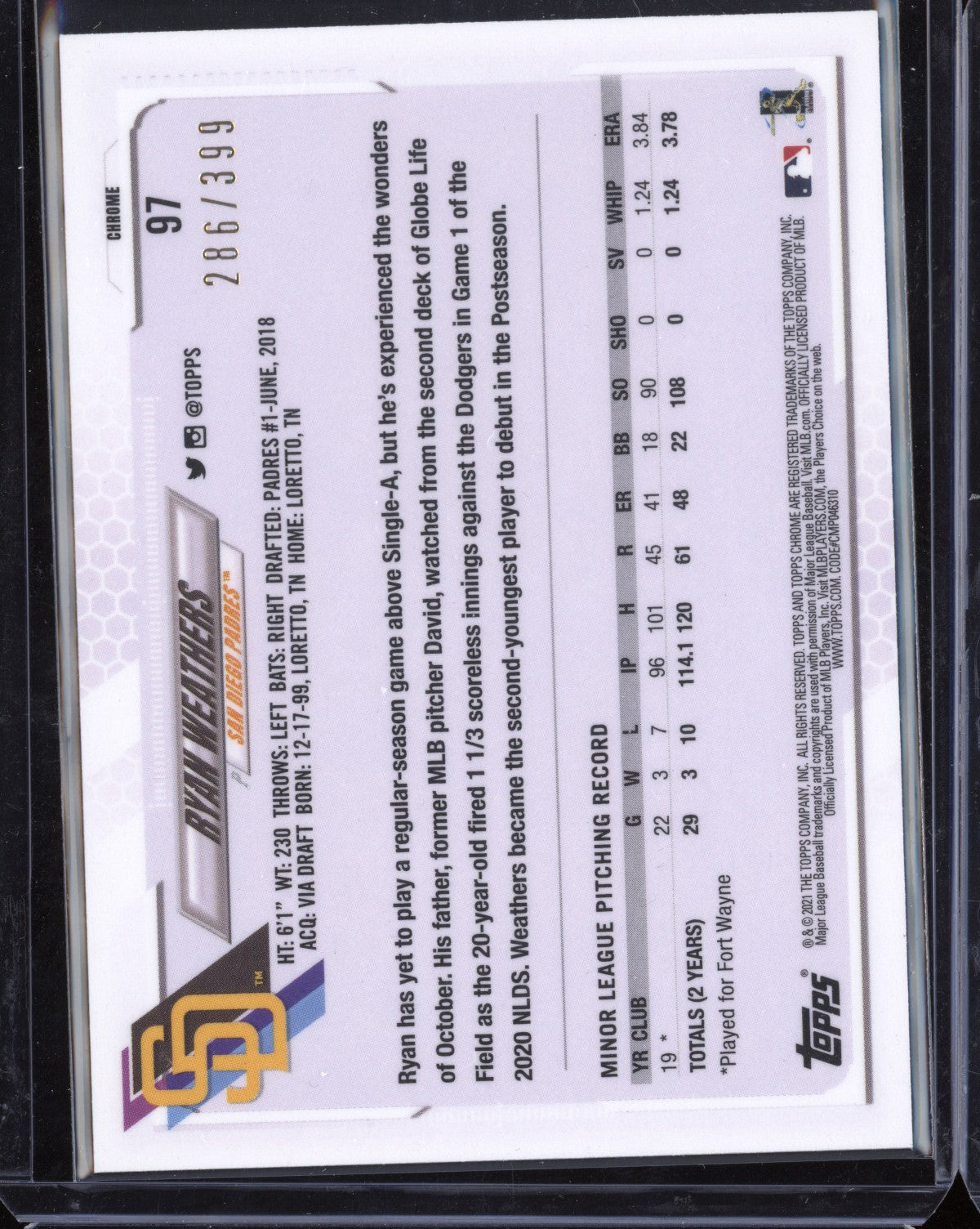 Ryan Weathers 2021 Topps Chrome Magenta RC 286/399