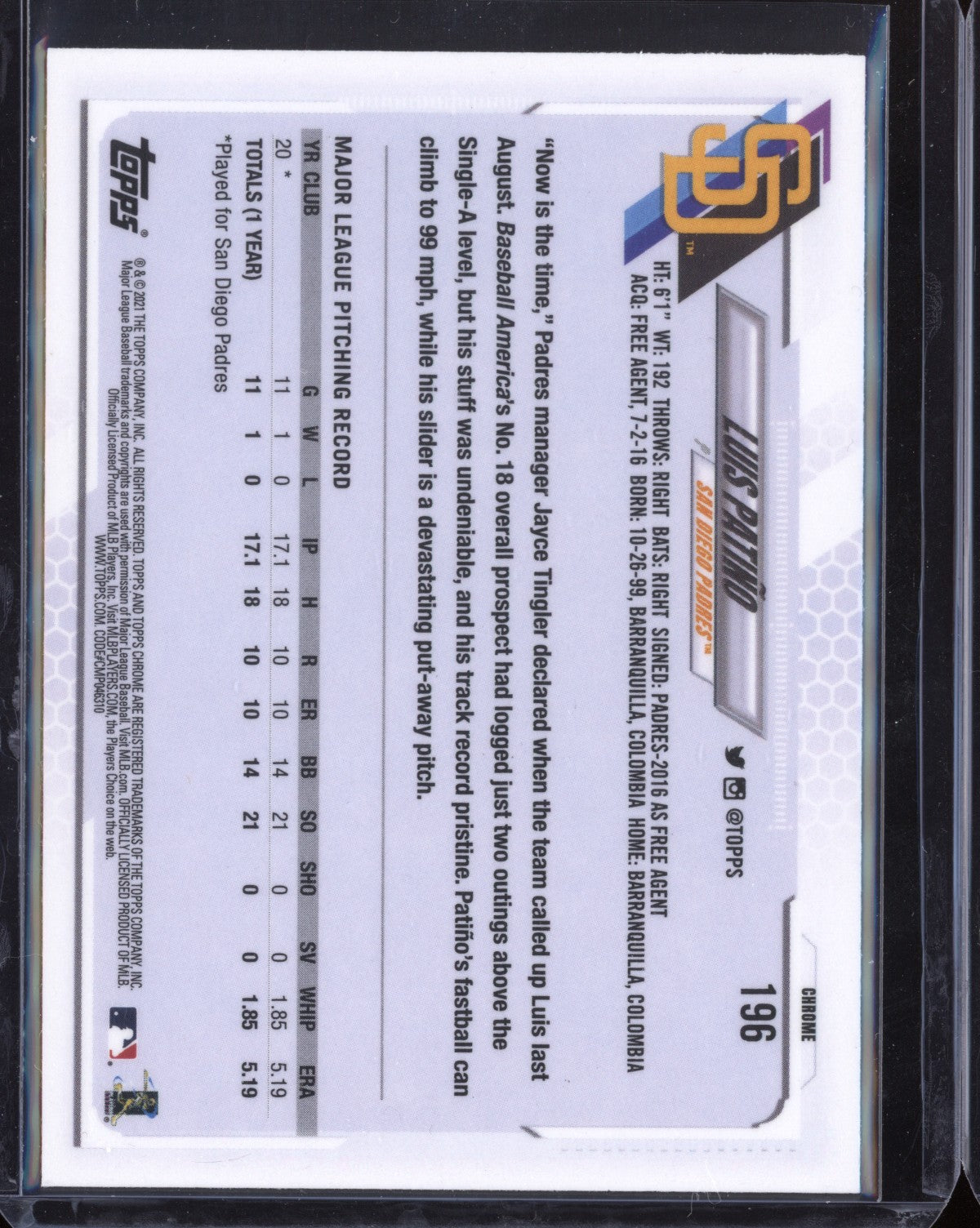 Luis Patino 2021 Topps Chrome Negative RC