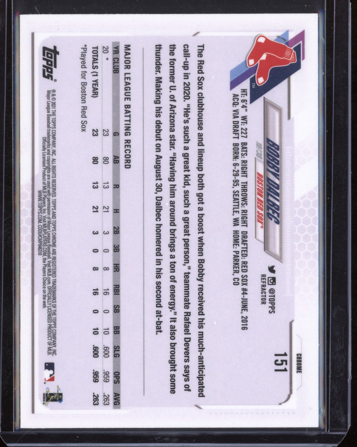 Bobby Dalbec 2021 Topps Chrome Refractor RC