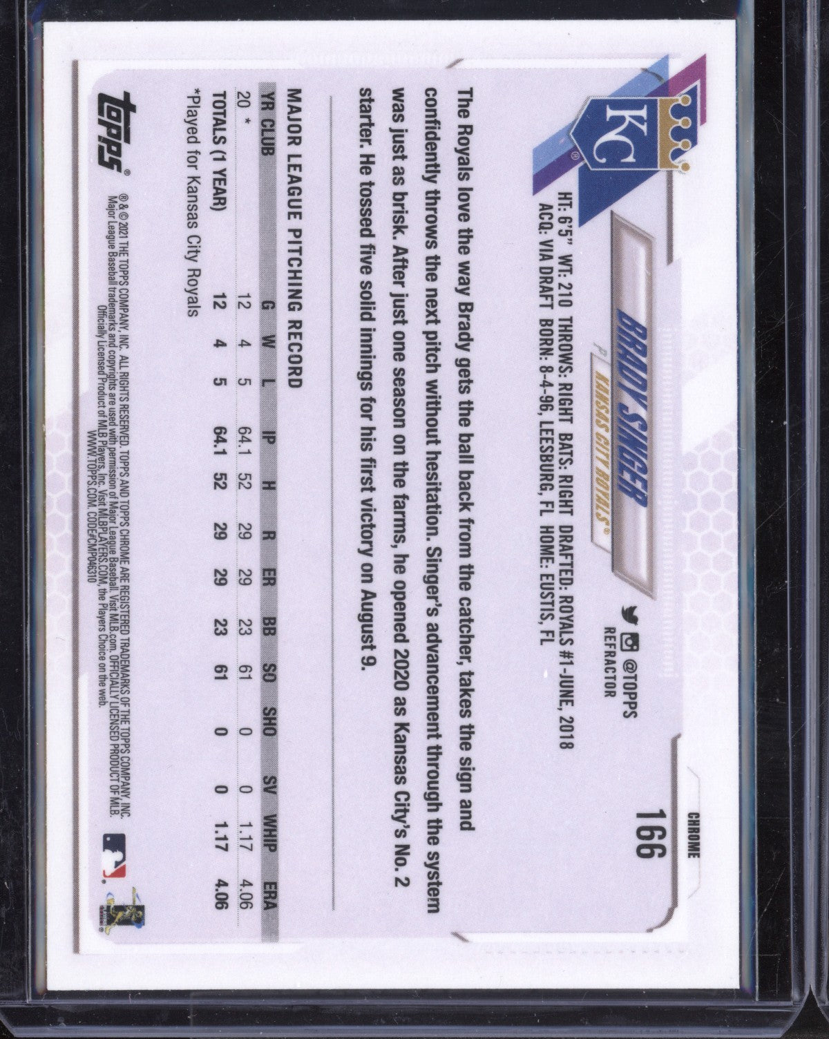 Brady Singer 2021 Topps Chrome Refractor RC