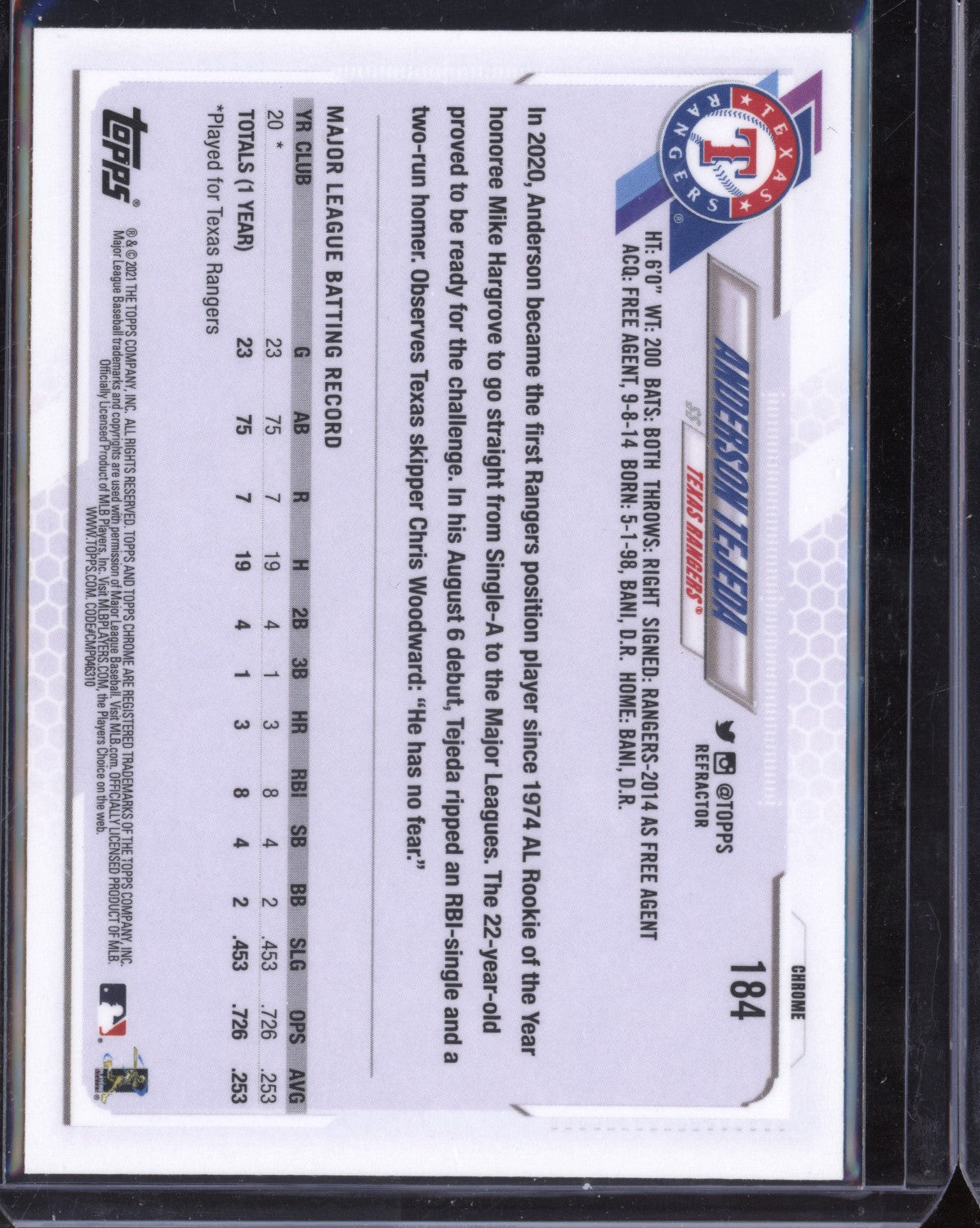 Anderson Tejeda 2021 Topps Chrome Refractor RC