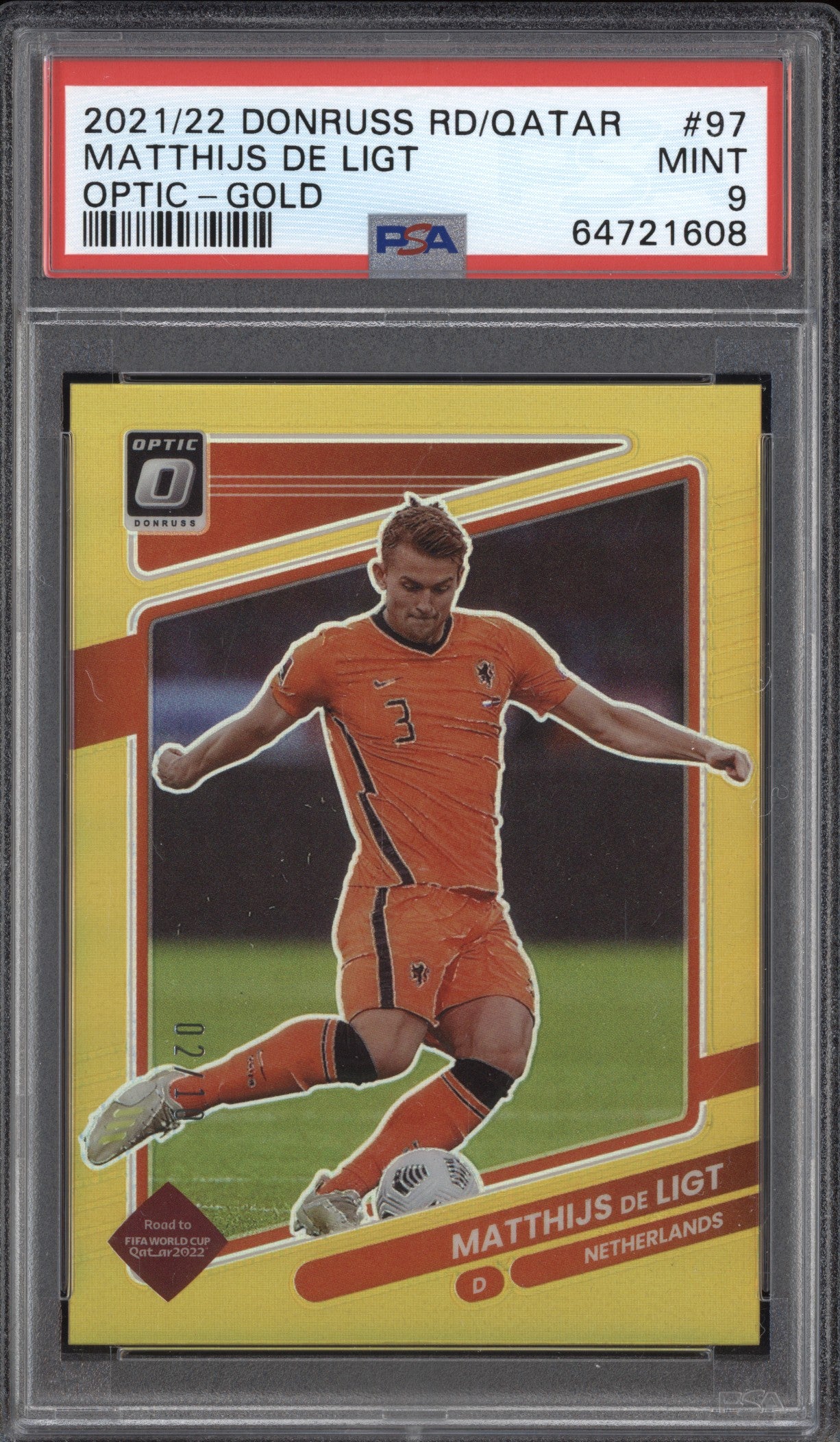 Matthijs de Ligt 2021-22 Panini Donruss Road to Qatar Optic Gold 02/10 PSA 9