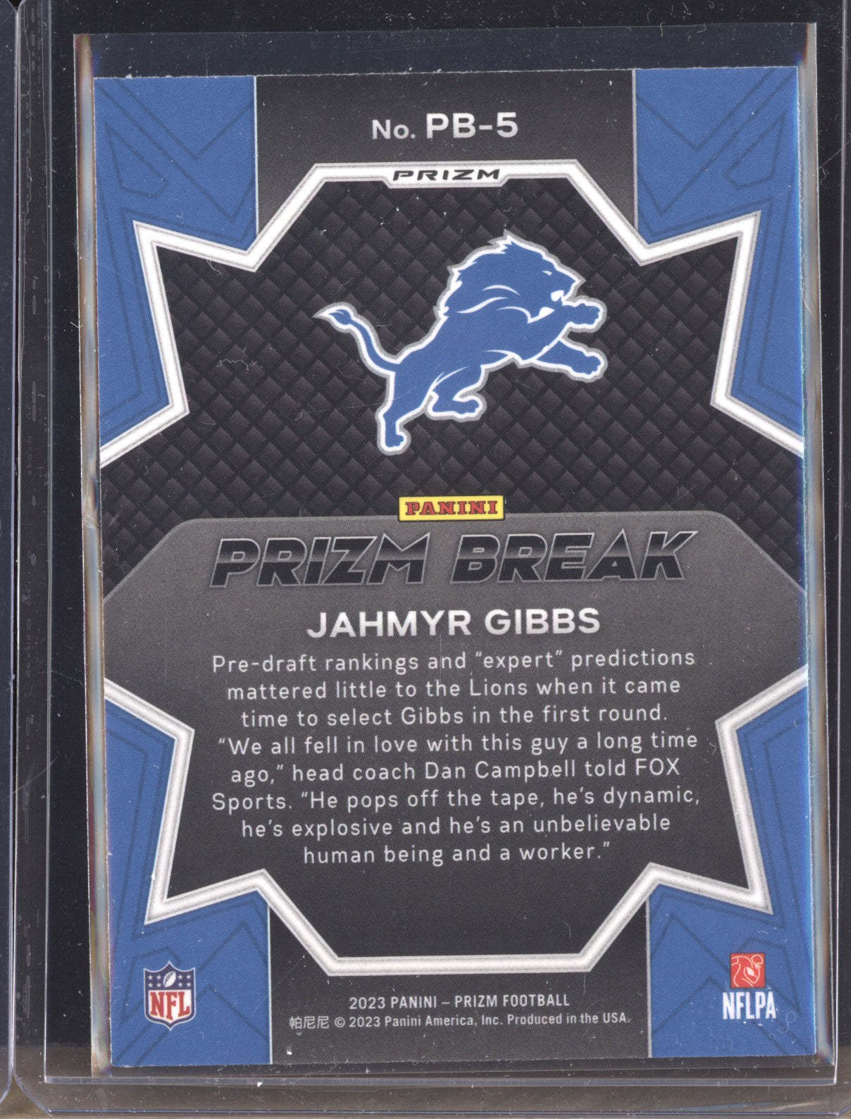 Jahmyr Gibbs 2023 Panini Prizm PB-5 Prizm Break Silver RC