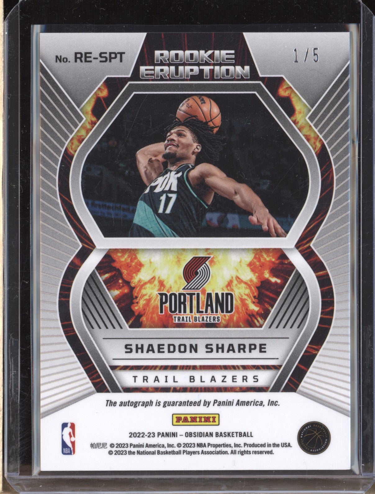 Shaedon Sharpe 2022/23 Panini Obsidian RE-SPT Rookie Eruption Auto Red RC 1/5