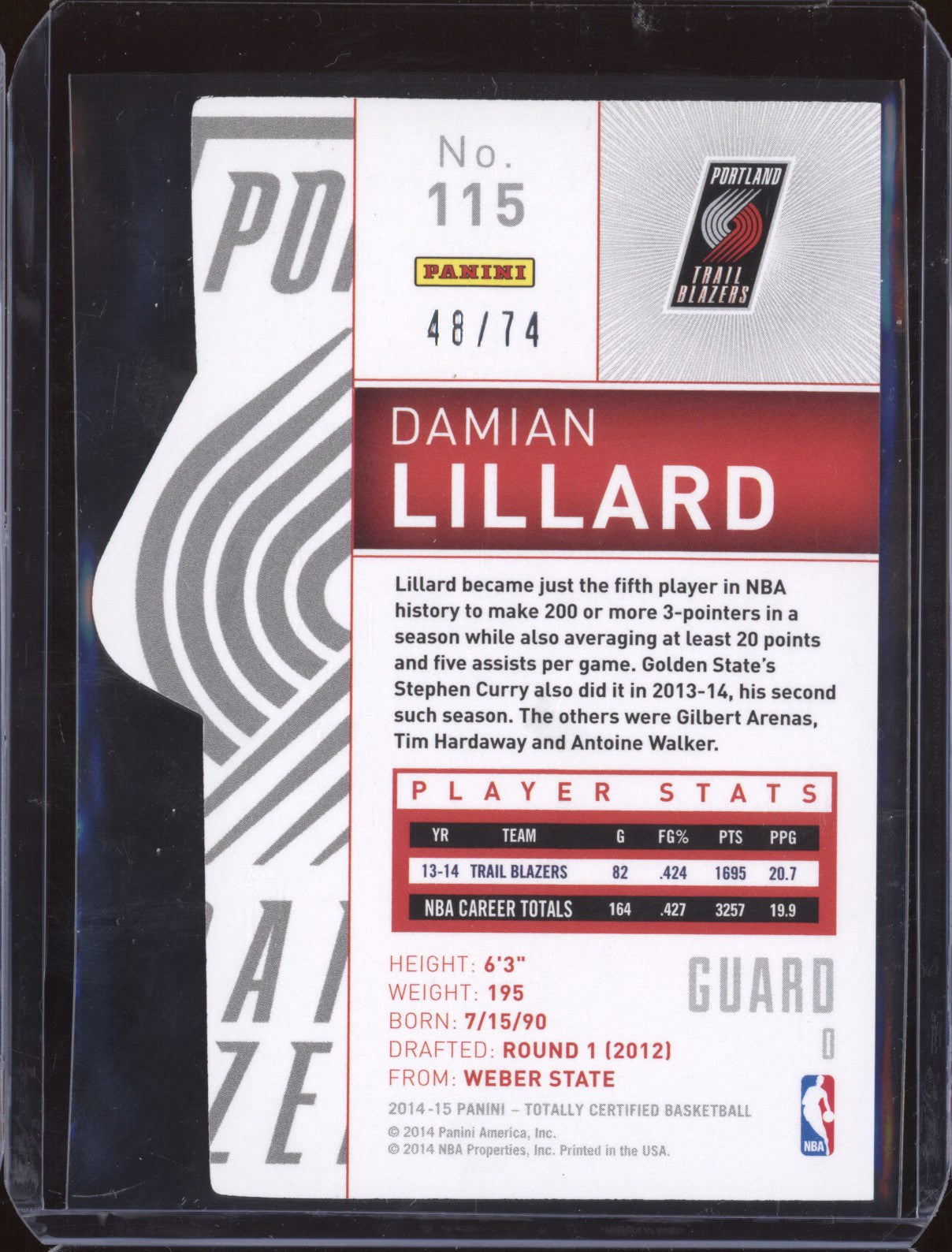 Damian Lillard 2014-15 Panini Totally Certified Platinum Blue Die Cut Var 48/74