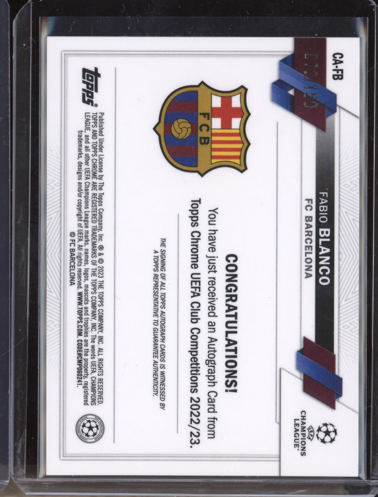 Fabio Blanco 2022-23 Topps Chrome UEFA Club CA-FB Blue Refractor Rookie Auto RC 72/150