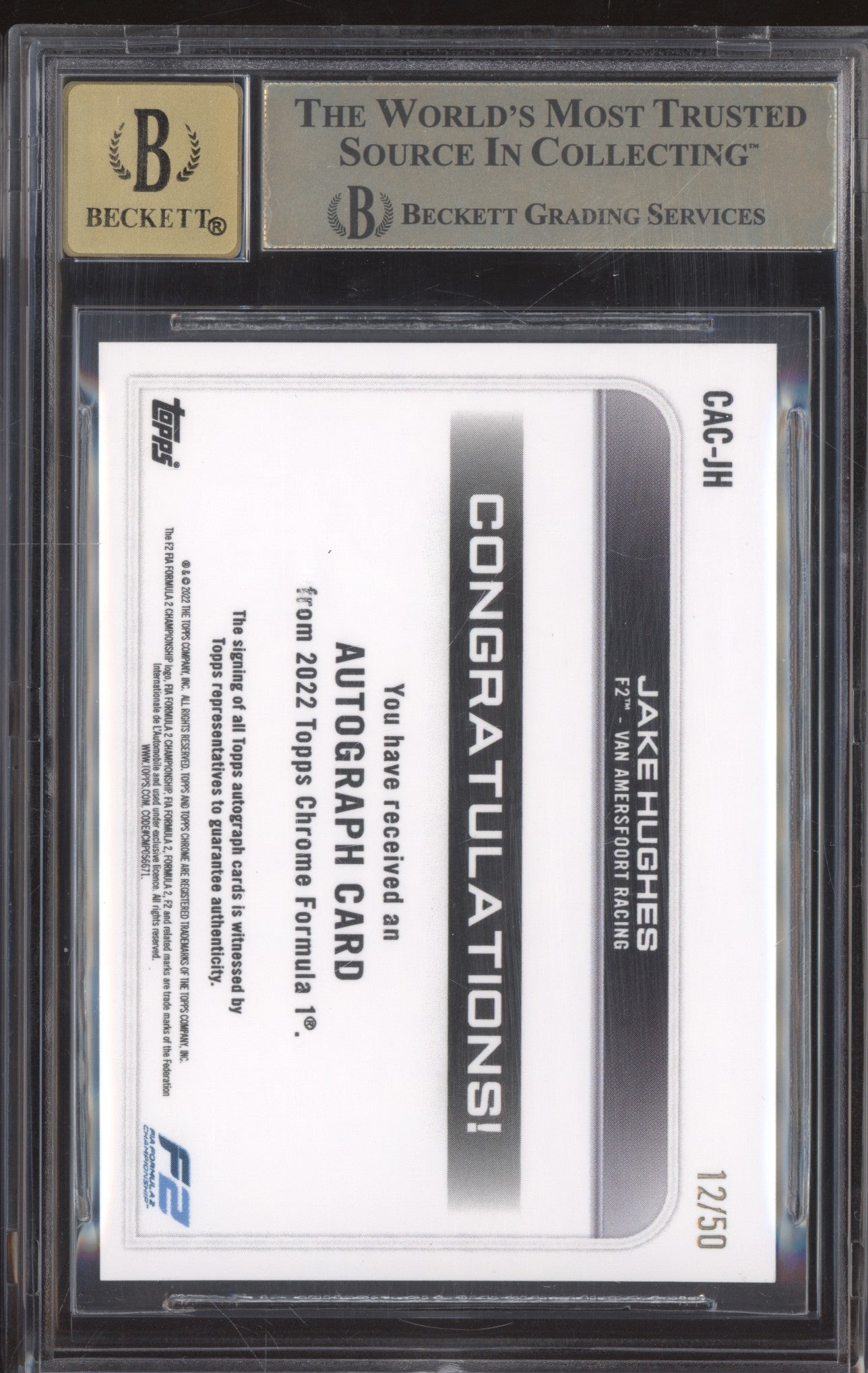 Jake Hughes 2022 Topps Chrome Formula 1 CAC-JH Gold Wave Auto 12/50 BGS 9.5/10