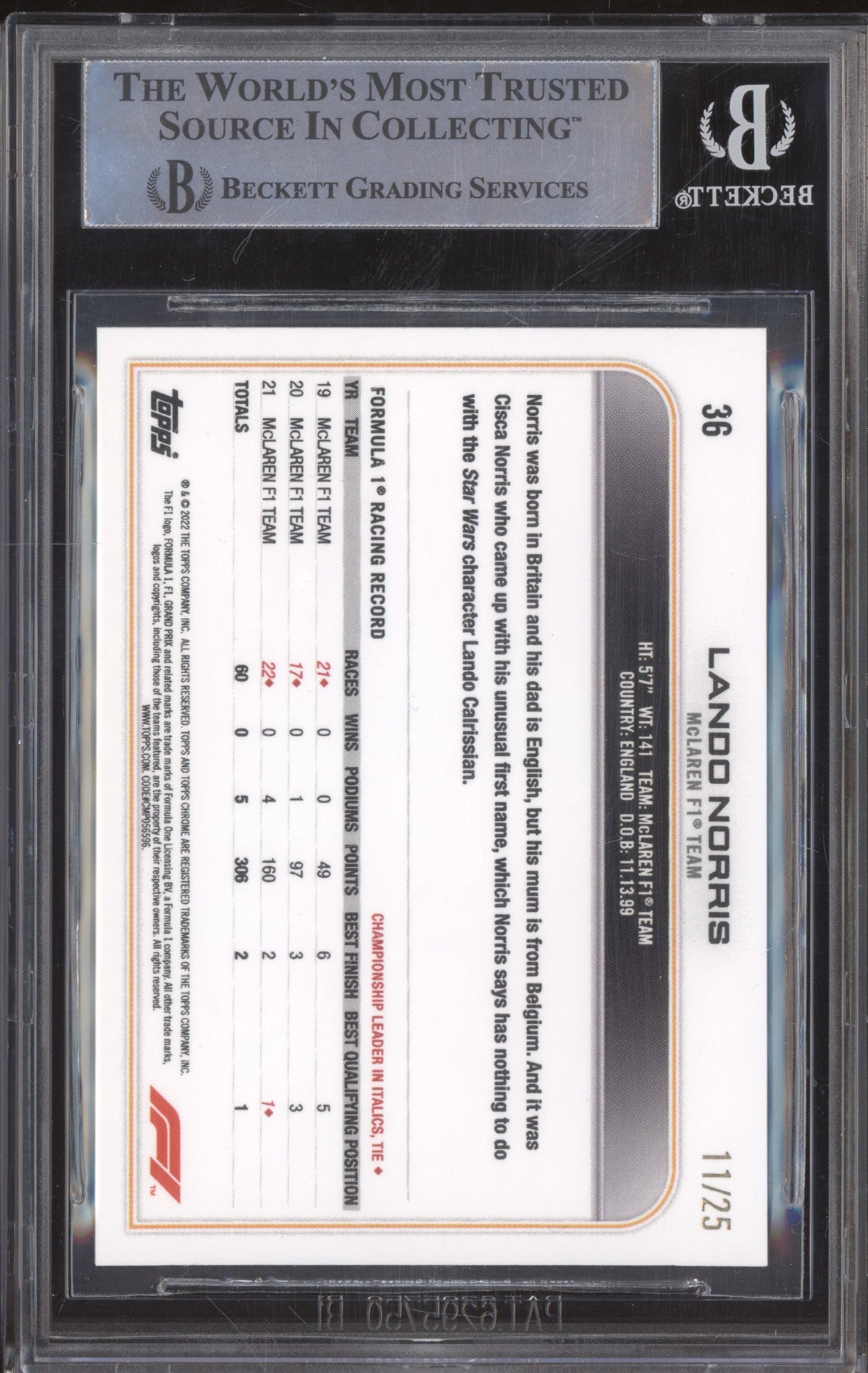 Lando Norris 2022 Topps Chrome Formula 1 36 Orange 11/25 BGS 9