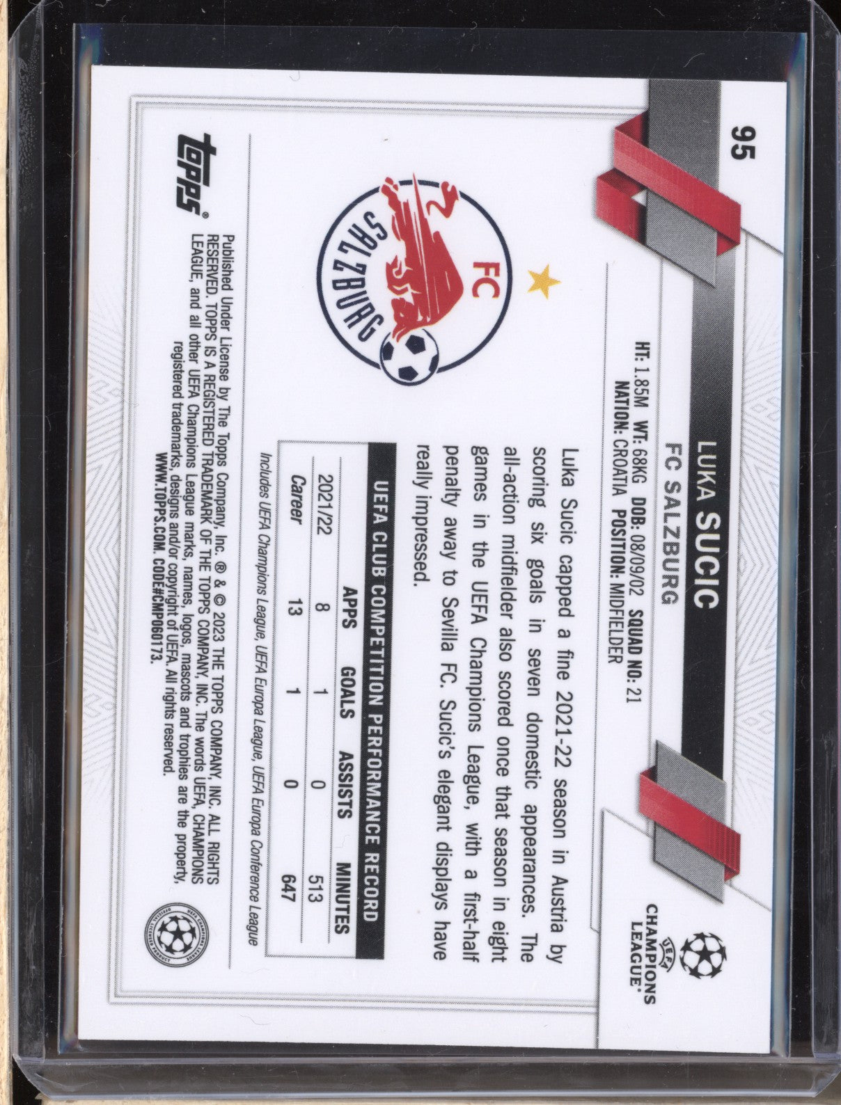 Luka Sukic 2022-23 Topps Chrome UEFA 95 Gold Lava