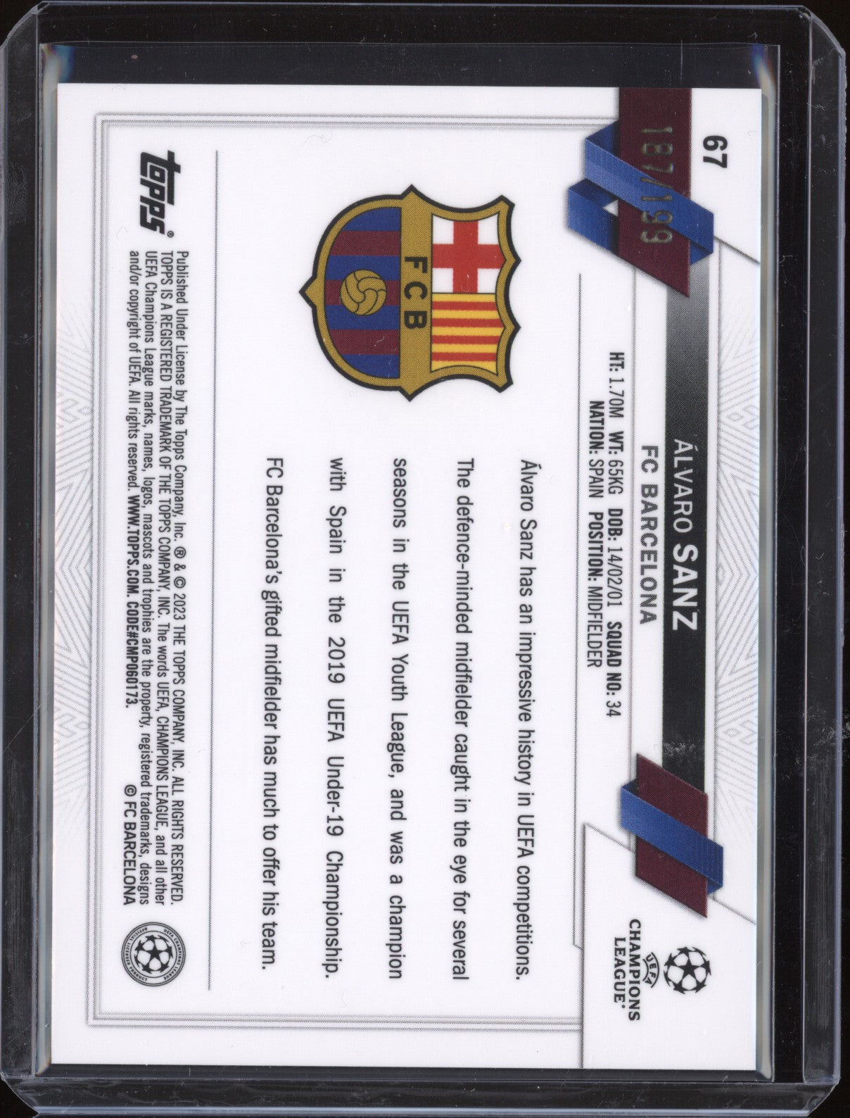 Alvaro Sanz 2022-23 Topps Chrome UEFA 67 Aqua Refractor RC 187/199