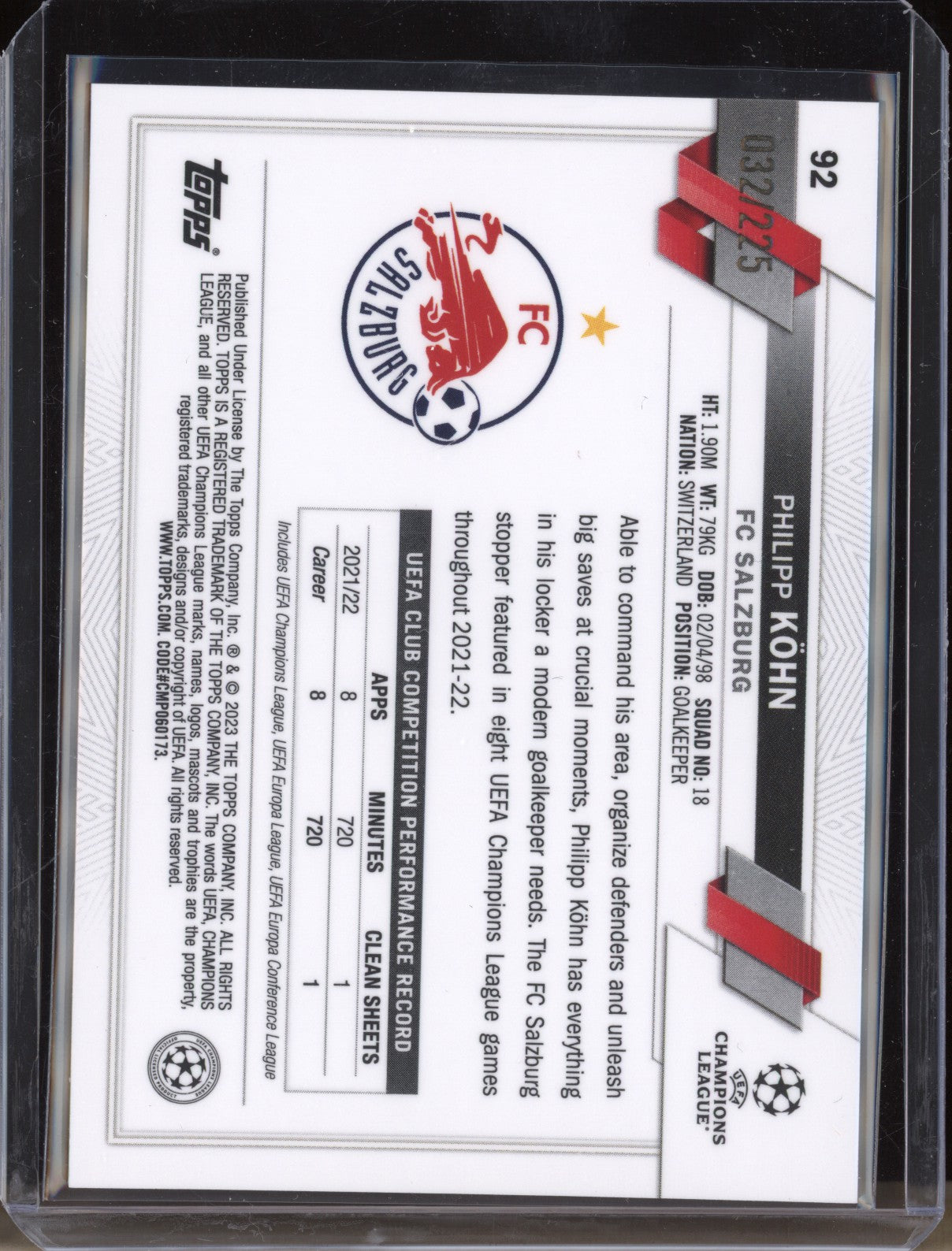 Philipp Kohn 2022-23 Topps Chrome UEFA 92 Night Vision Ray Wave 32/225