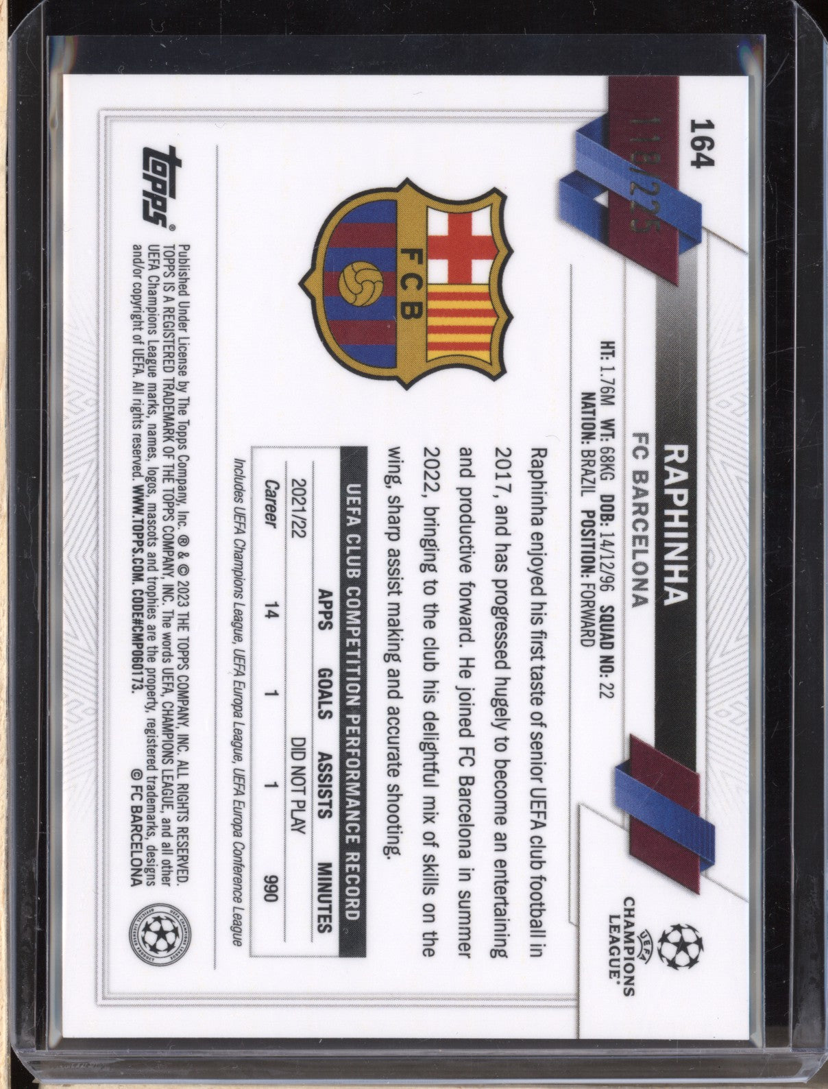 Raphinha 2022-23 Topps Chrome UEFA 164 Night Vision Ray Wave 118/225