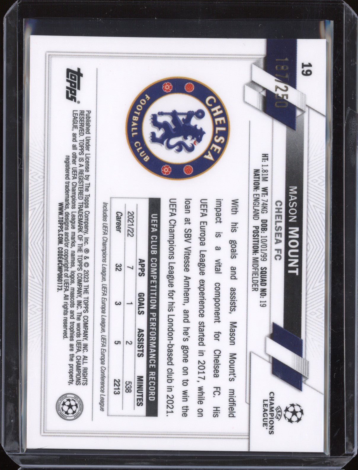 Mason Mount 2022-23 Topps Chrome UEFA 19 Pink Shimmer 187/250