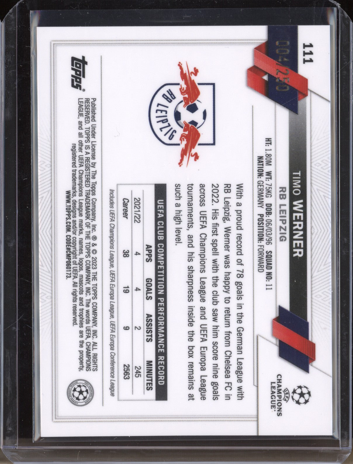 Timo Werner 2022-23 Topps Chrome UEFA 111 Pink Shimmer 4/250