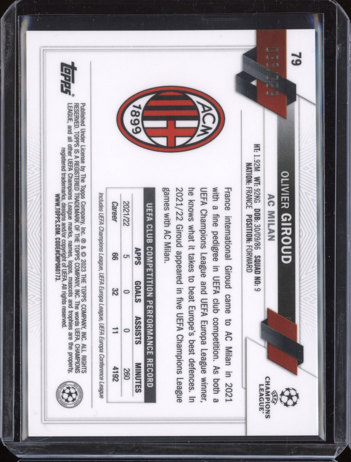 Olivier Giroud 2022-23 Topps Chrome UEFA 79 Neon Green X-Fractor 35/399