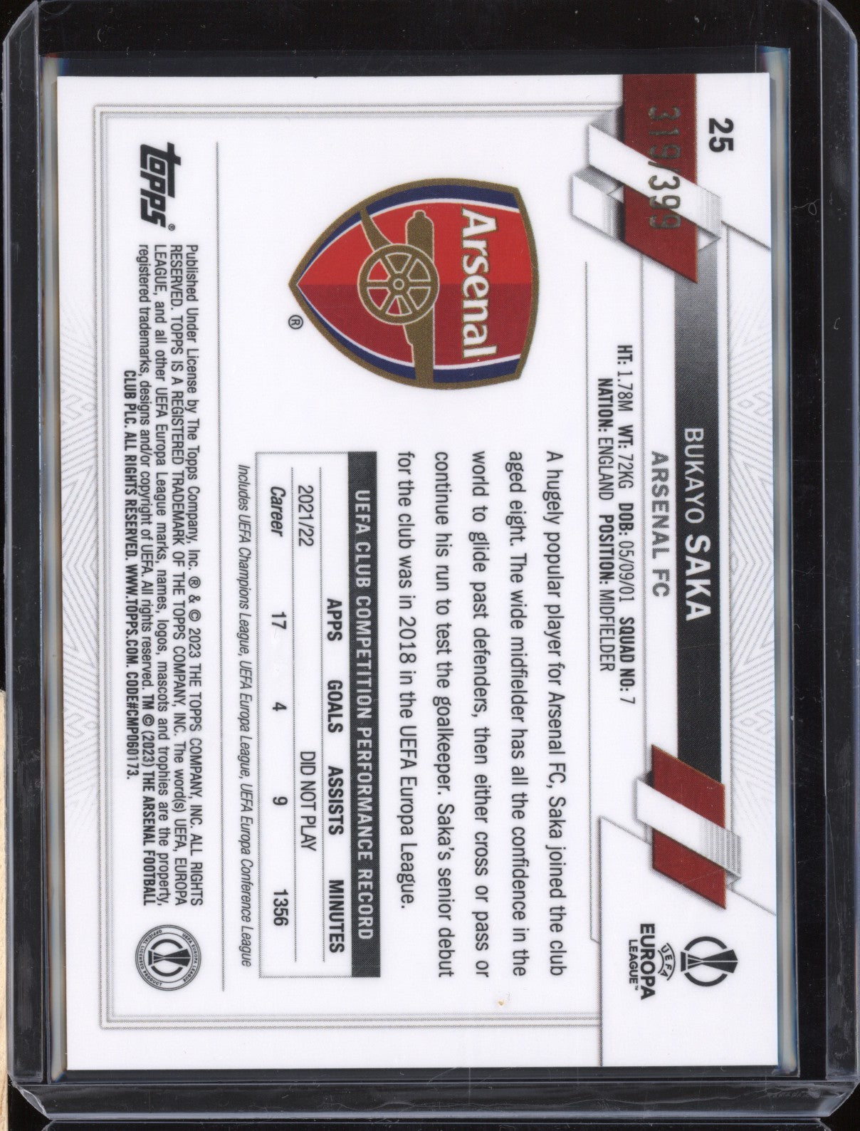 Bukayo Saka 2022-23 Topps Chrome UEFA 25 Neon Green Shimmer 319/399