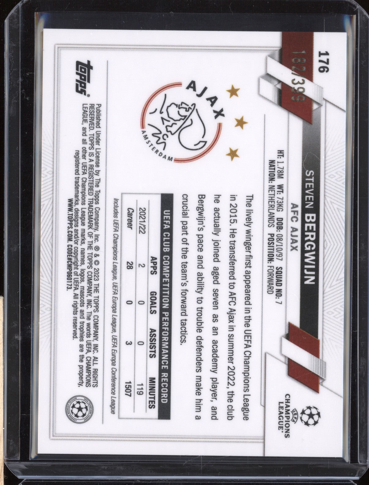 Steven Bergwijn 2022-23 Topps Chrome UEFA 176 Neon Green Shimmer 182/399