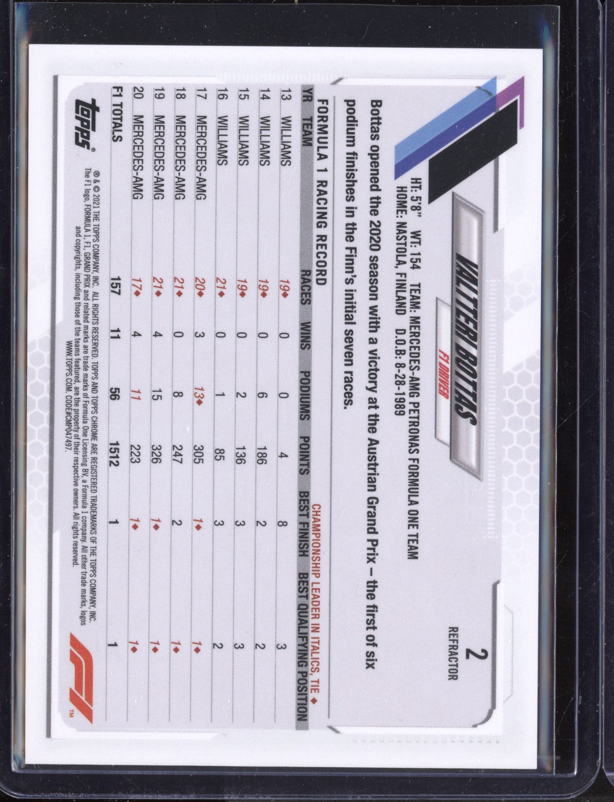 Valtteri Bottas 2 2021 Topps Chrome Formula One Refractor