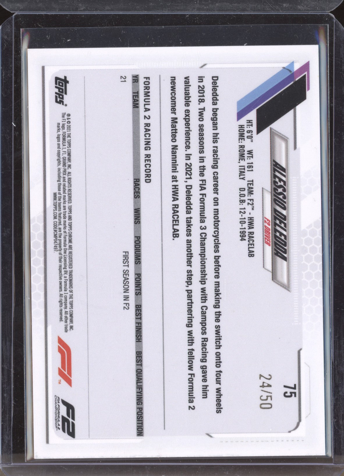 Alessio Deledda 2021 Topps Chrome Formula One 75 Gold Checker Flag 24/50