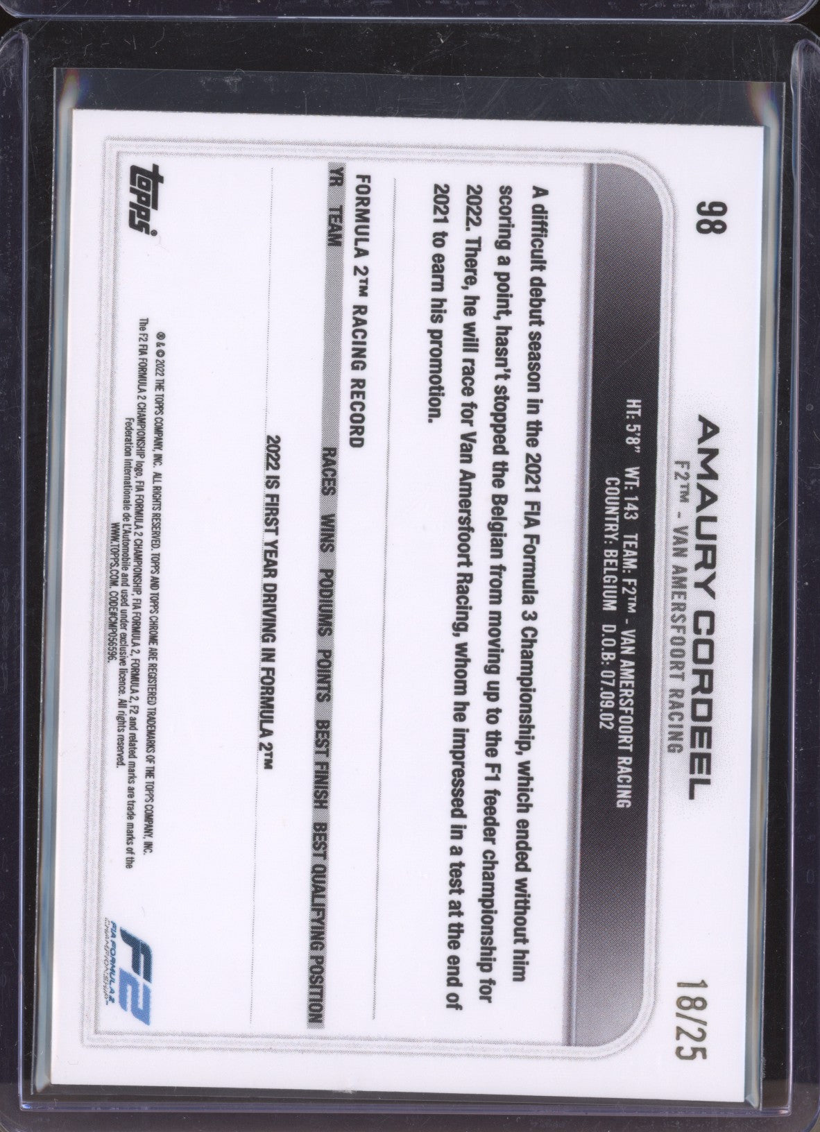 Amaury Cordeel 2022 Topps Chrome Formula 1 98 Orange Wave 18/25