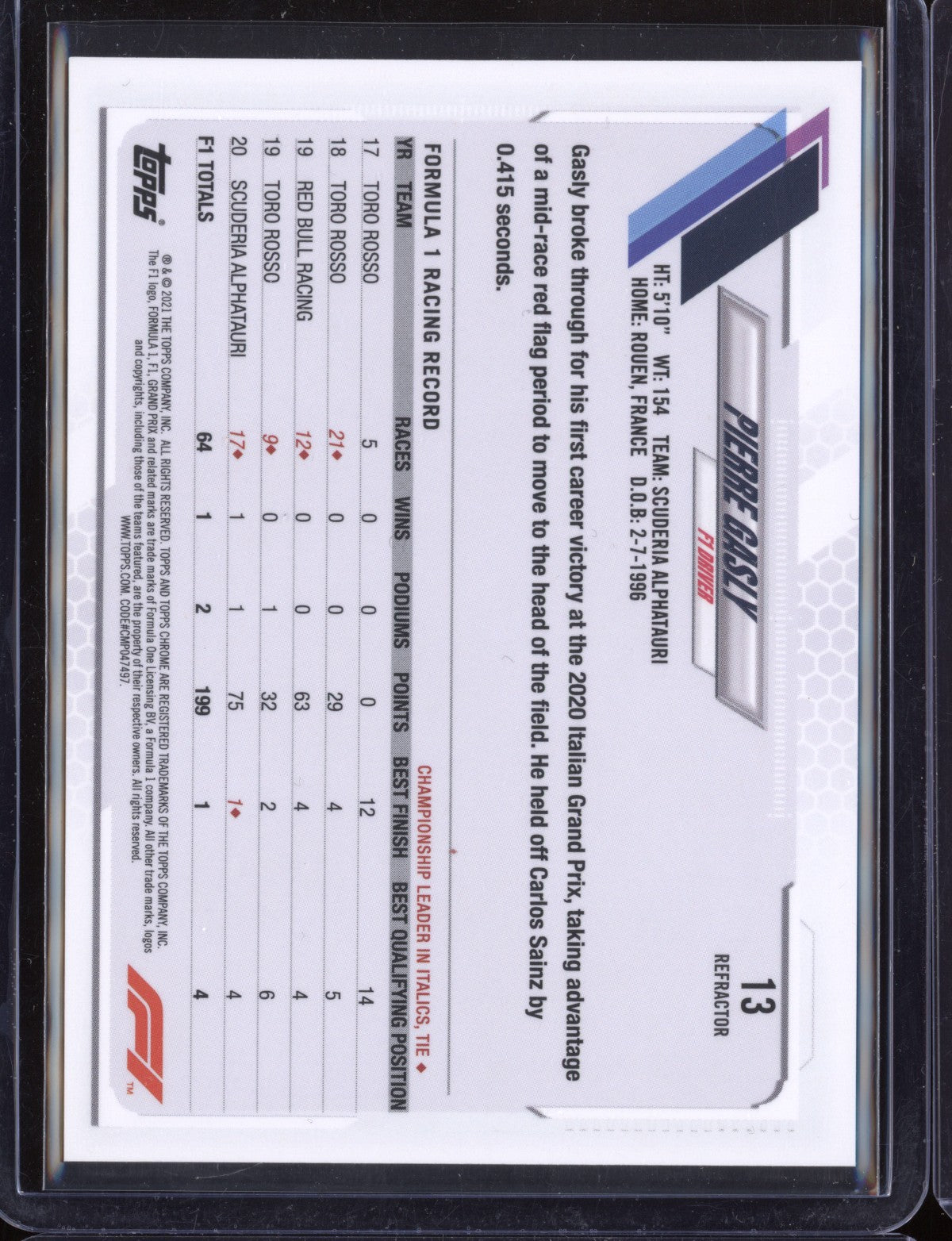 Pierre Gasly 13 2021 Topps Chrome Formula One Refractor