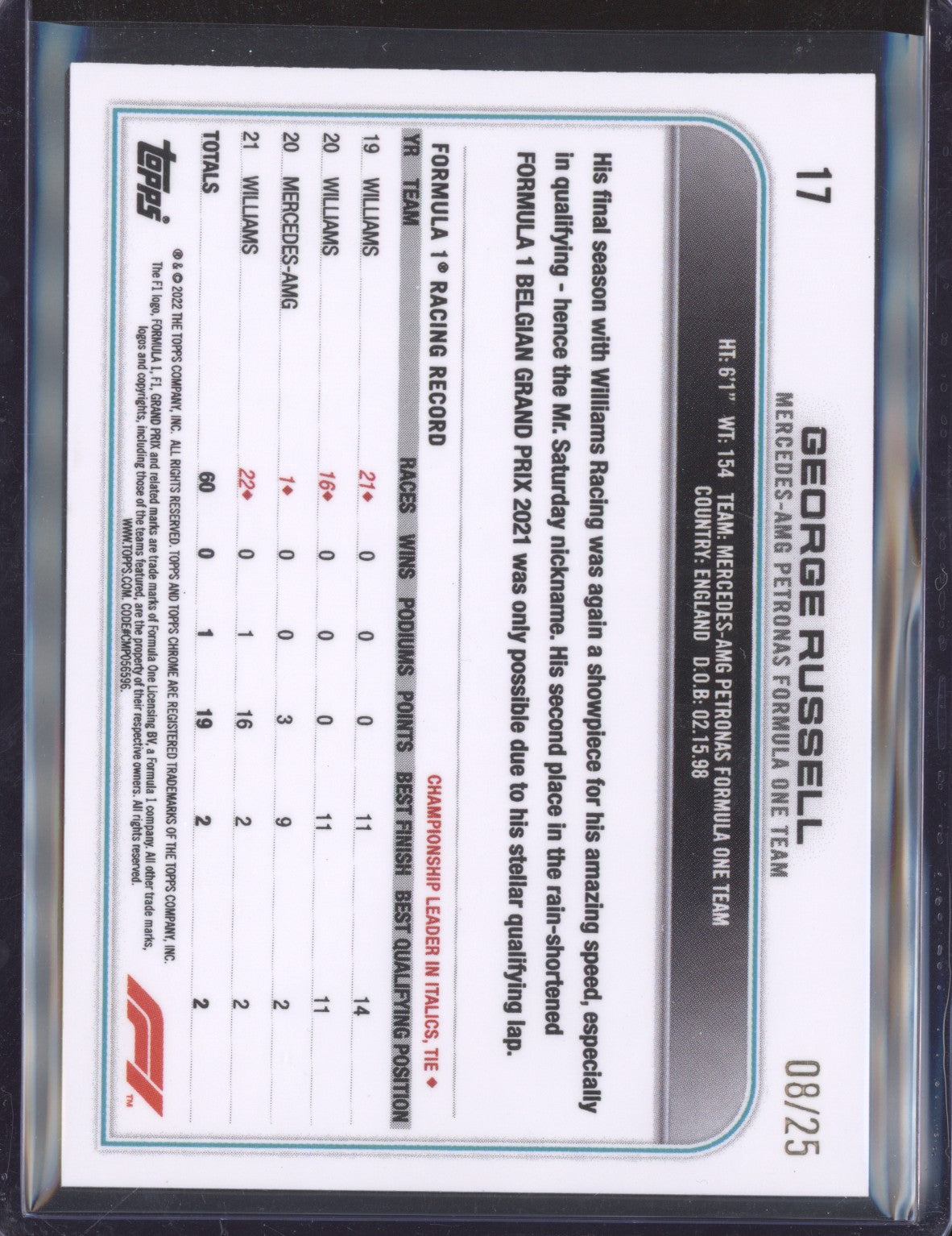 George Russell 2022 Topps Chrome Formula One 17 Orange Refractor 8/25