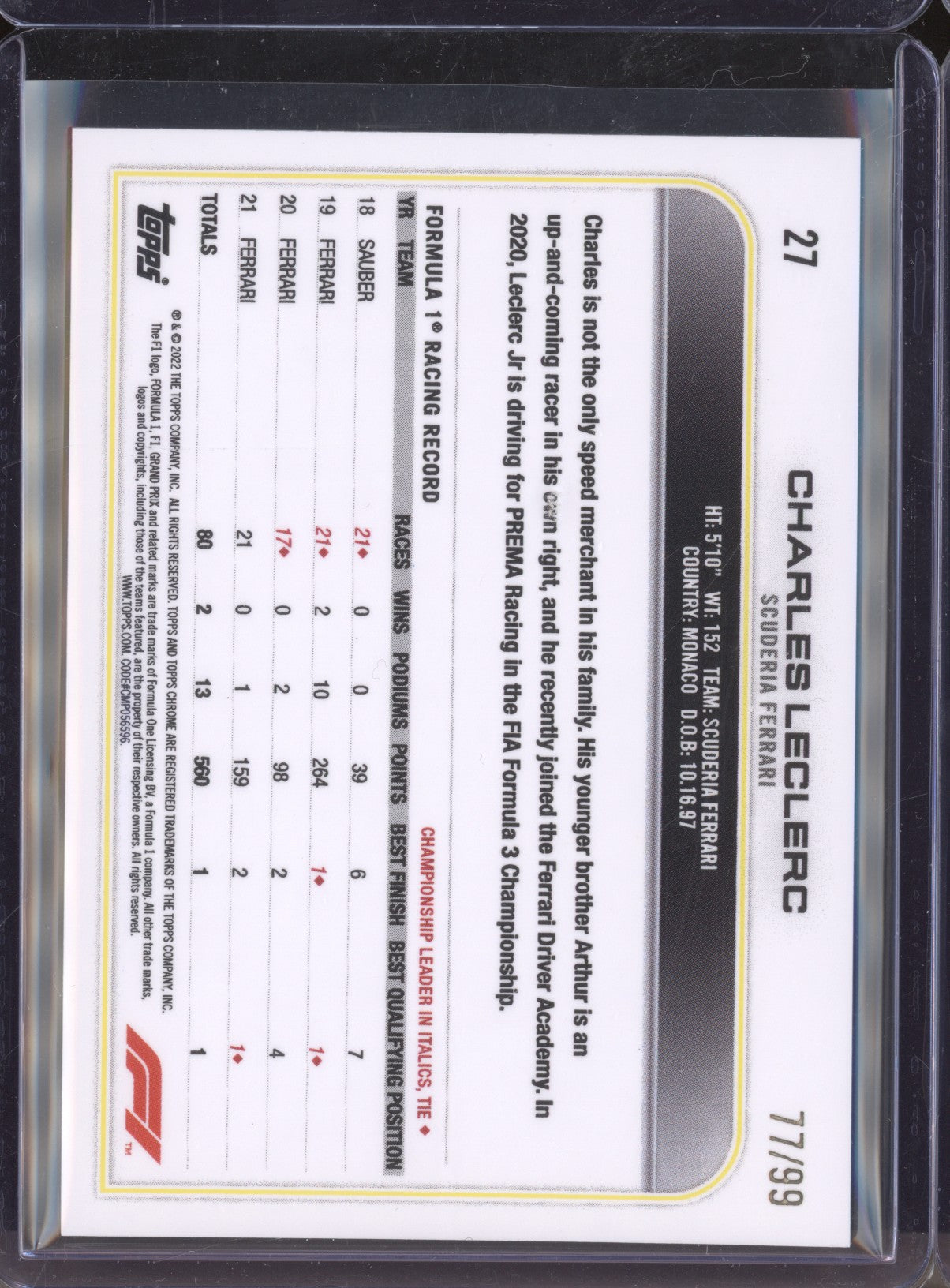 Charles Leclerc 2022 Topps Chrome Formula 1 27 Green Raywave 77/99