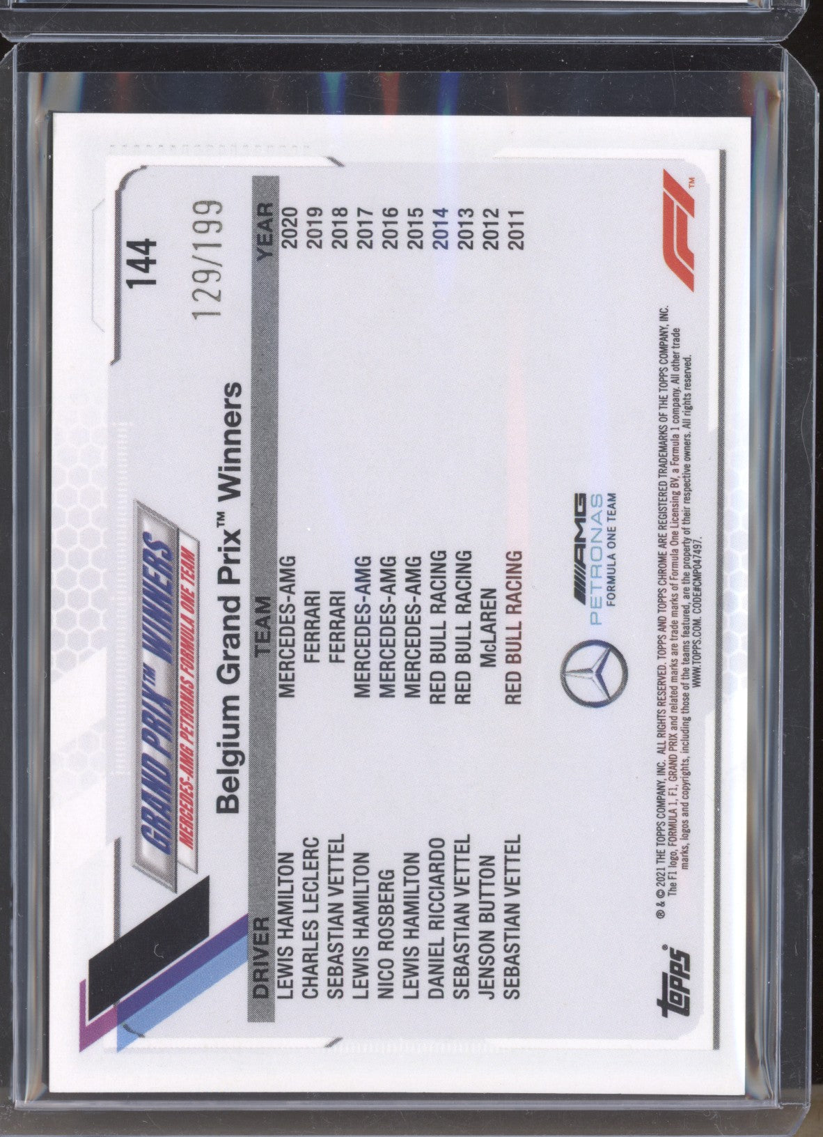 Lewis Hamilton 2021 Topps Chrome Formula One 144 Purple Checker Flag 129/199