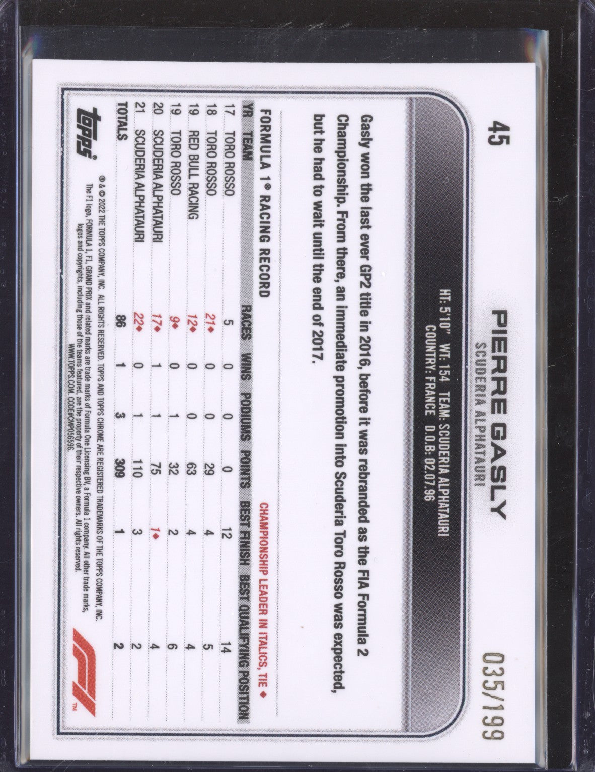 Pierre Gasly 2022 Topps Chrome Formula 1 45 Purple Checker Flag 35/199