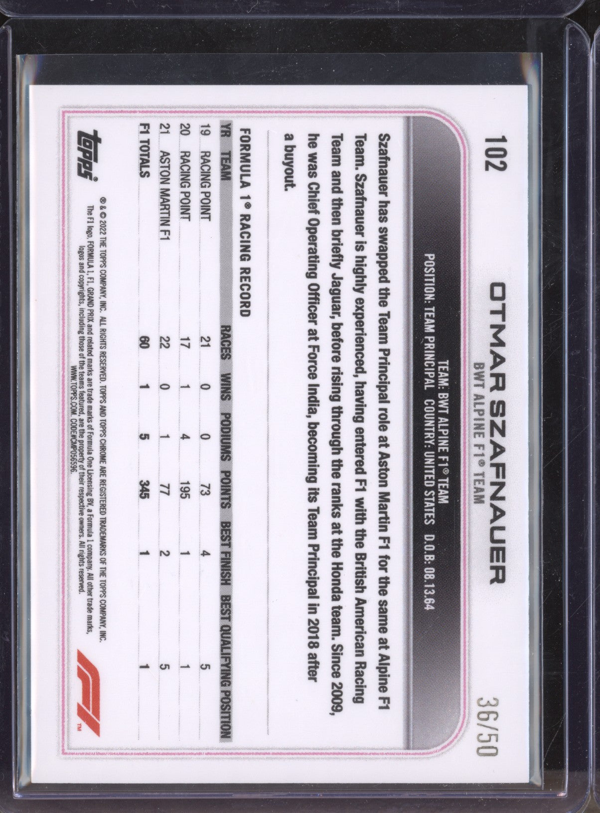 Otmar Szafnauer 2022 Topps Chrome Formula One 102 Gold Checker Flag Refractor 36/50