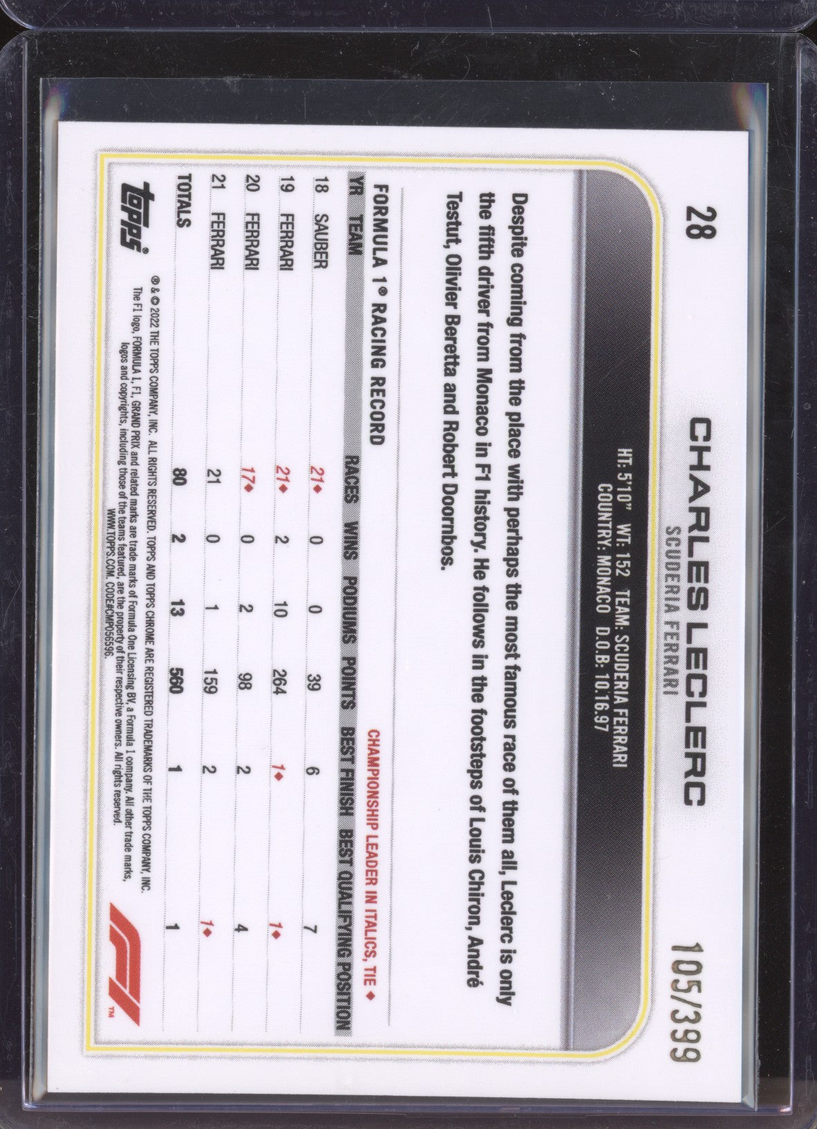 Charles Leclerc 2022 Topps Chrome Formula 1 28 Purple 105/399