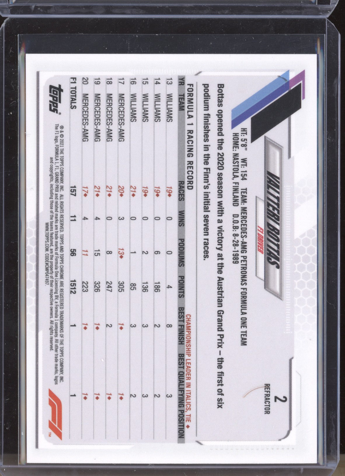Valtteri Bottas 2021 Topps Chrome Formula One 2 Refractor